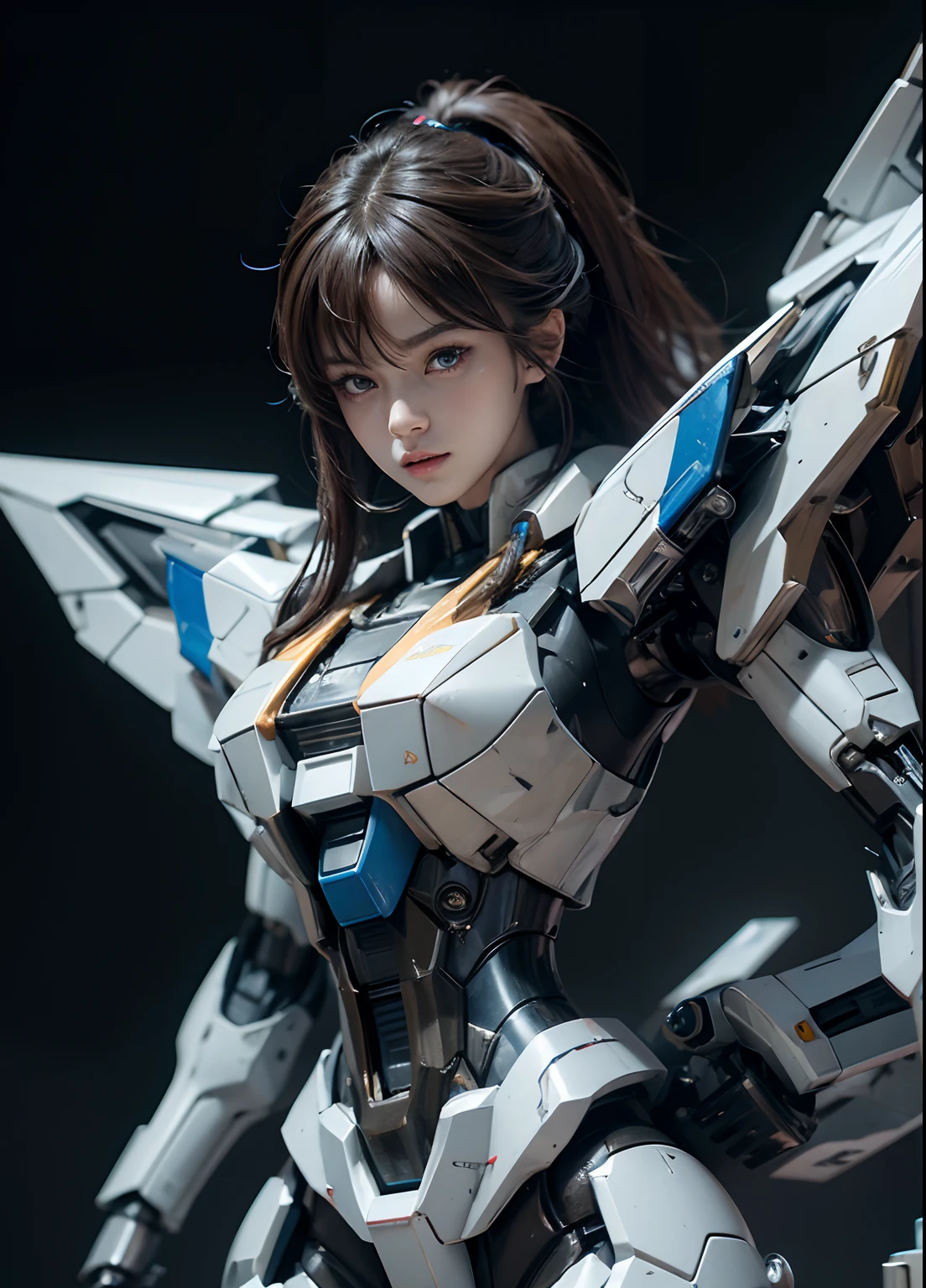 Textured skin, Super Detail, high details, High quality, Best Quality, hight resolution, 1080p, hard disk, Beautiful,(Gundam),beautiful cyborg woman,Mecha Cyborg Girl,Battle Mode,Girl with a Mecha Body,She wears a futuristic Gundam mecha,Fulll body Shot