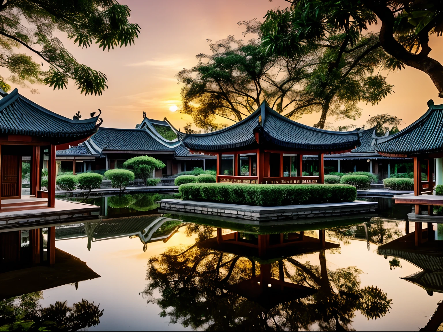 pagoda, Vietnamese style perspective of flying birds, fish pond, lagoon, garden, sunset