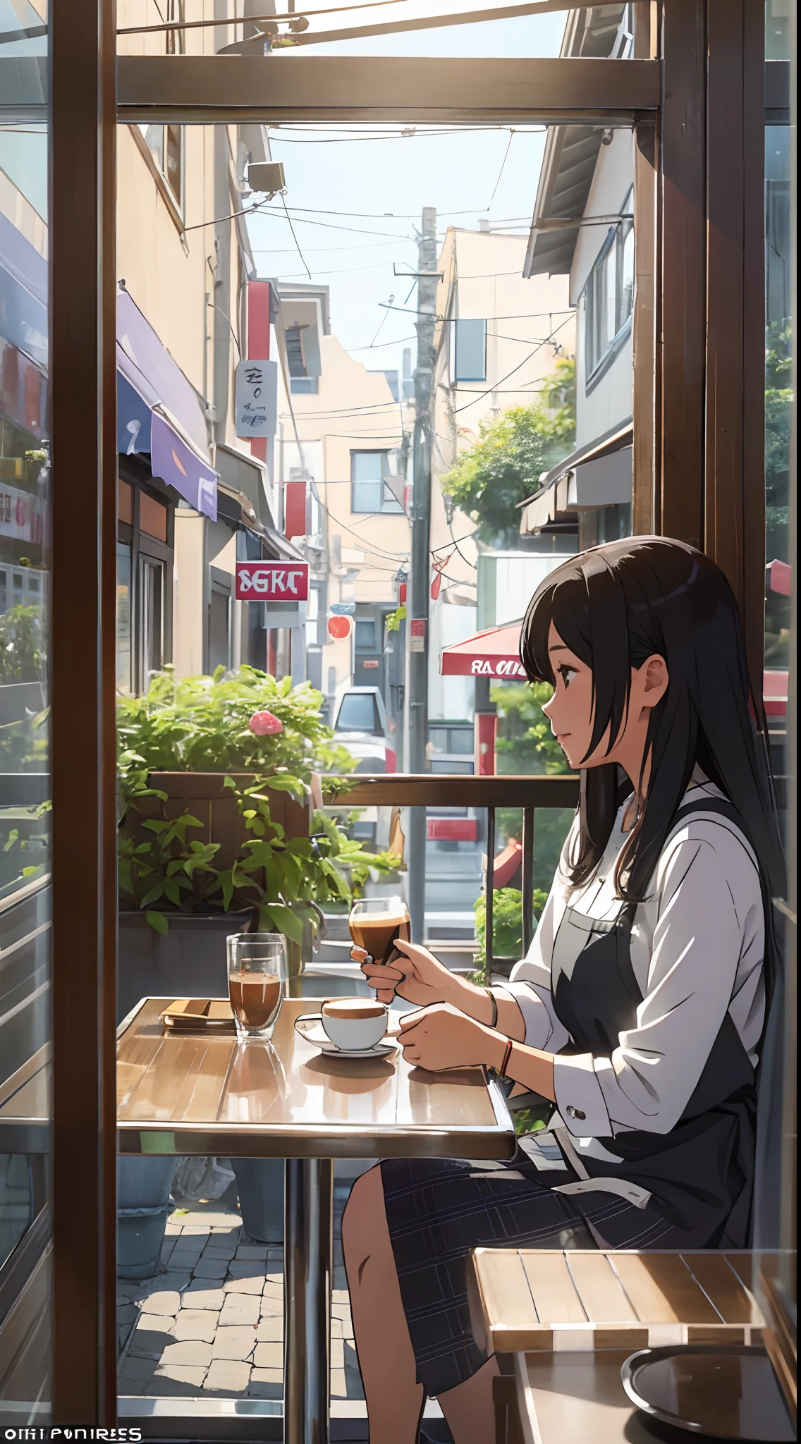 Café Setting: Aiko has always loved the quaint little café on the corner. It was her sanctuary, a place where she could escape from the hustle and bustle of city life. Every morning, she would sit by the window, sipping her cappuccino and watching the world go by. Face details,