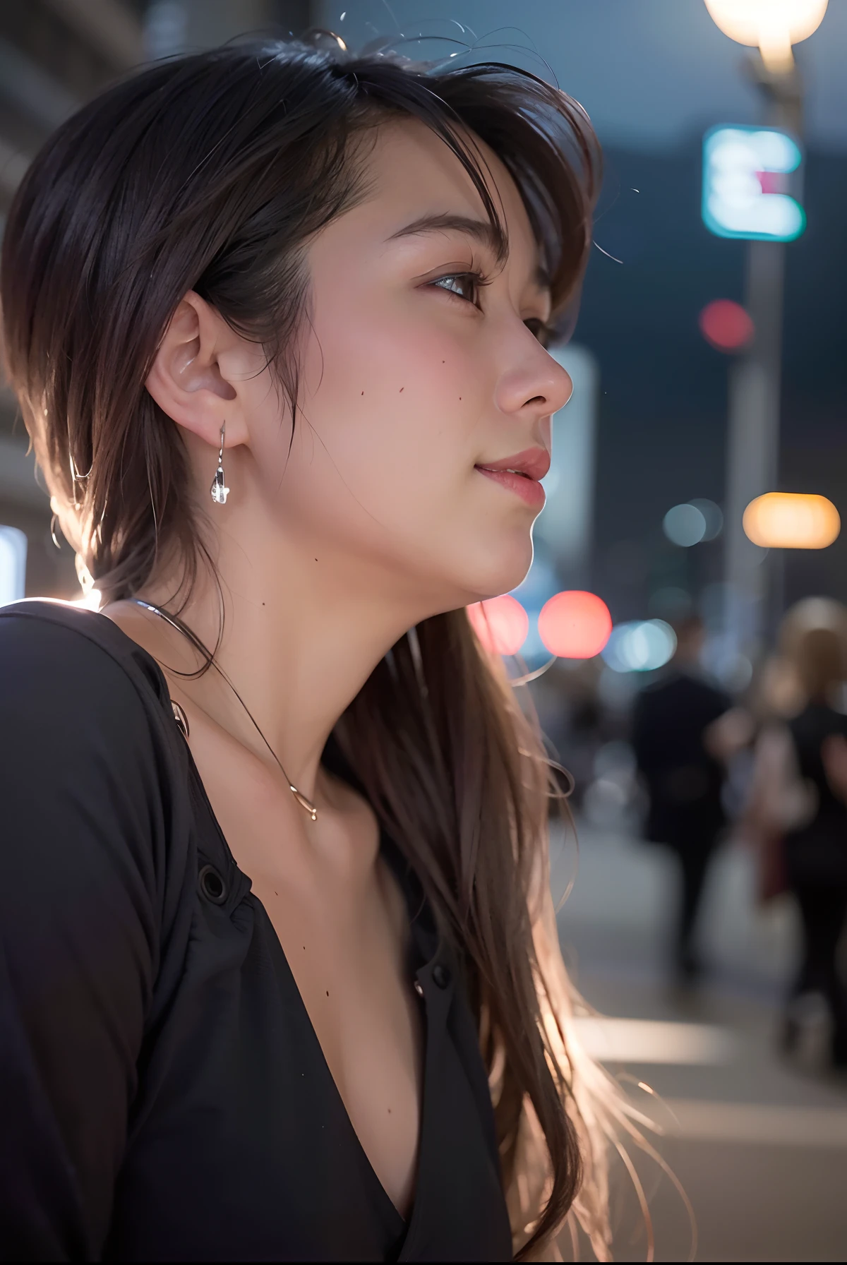 1girl, Tokyo street,night, cityscape,city lights,upper body,close-up,smile,, (8k, RAW photo, best quality, masterpiece:1.2),(realistic, photo-realistic:1.37),