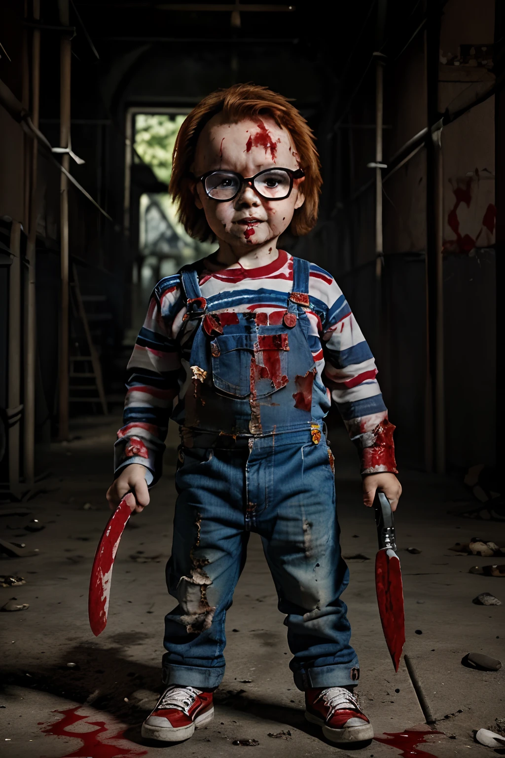 Create a scene featuring a 3--old  wearing glasses dressed as the character Chucky from the 'Child's' movie series. He is standing, looking at the viewer with an evil expression, holding a machete with (((blood in your face))). Make it realistic and highly detailed.