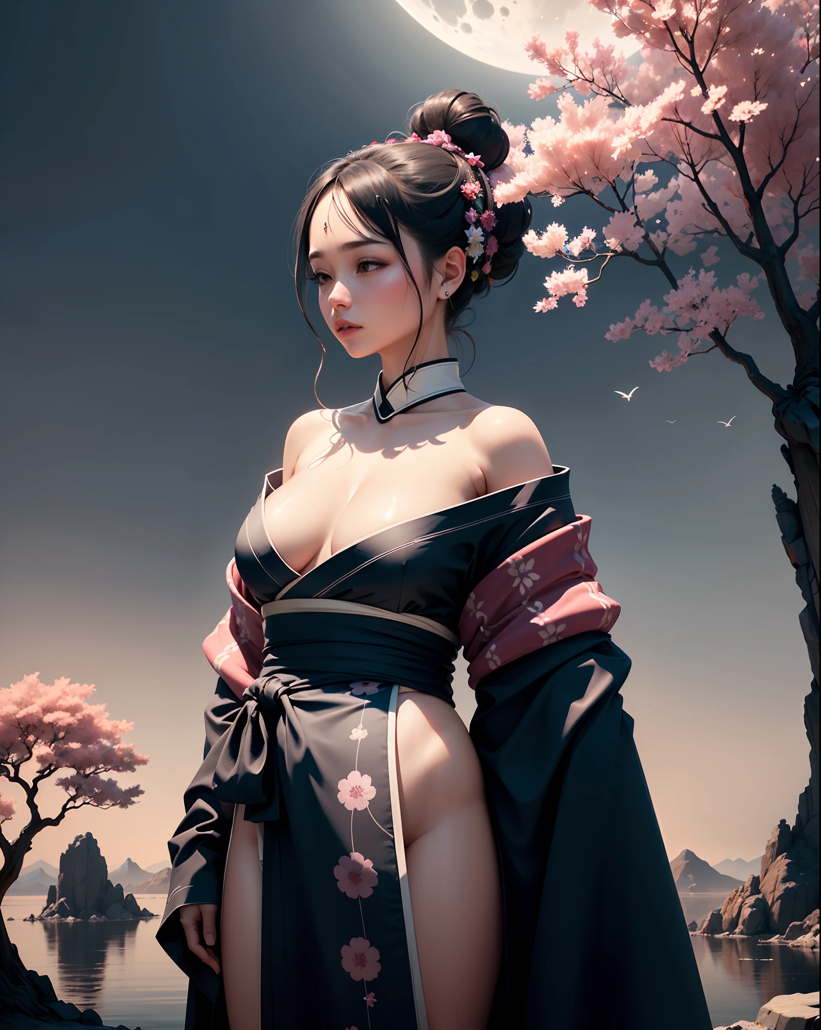 The image is a digital painting set against a mystical landscape. The scene is dominated by a massive, pale moon or celestial body that fills the sky, radiating soft light. This moon appears to be close to the viewer, as its surface shows subtle spots or marks.
In the foreground, a figure stands with their back to the viewer, observing the breathtaking vista. This person is dressed in traditional attire, possibly reminiscent of ancient East Asian garments. They wear a blue kimono or robe, adorned with intricate floral patterns. A red sash or obi wraps around their waist. The figure's hair is done up in a bun, held together by an accessory.
Below the person is a rocky outcrop, positioned like a viewing point amidst the rugged terrain. Surrounding the area are twisted, gnarly trees that appear to be cherry blossoms. Their pink-red blossoms are scattered by a breeze, creating a shower of petals that dance around the scene. This ethereal atmosphere is further enhanced by the presence of birds – possibly crows or ravens – that soar around the sky, their dark silhouettes contrasting sharply against the bright backdrop of the moon.
The overall color palette is dominated by cool blues and grays, with touches of pink-red from the cherry blossoms, giving the artwork a serene, dreamlike quality.
The image invokes feelings of introspection, serenity, and the timeless beauty of nature.
