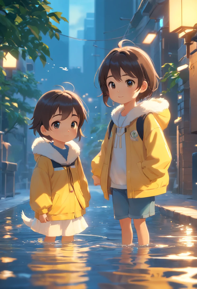 Two ducklings、A high resolution、4K、8K images、closeup portrait、Unreal Engine5、Light 3D/C4D production: 8K HD quality/illuminating/Ultra-fine lens description 1.5、Flawless、Chibi background/Cinematic。