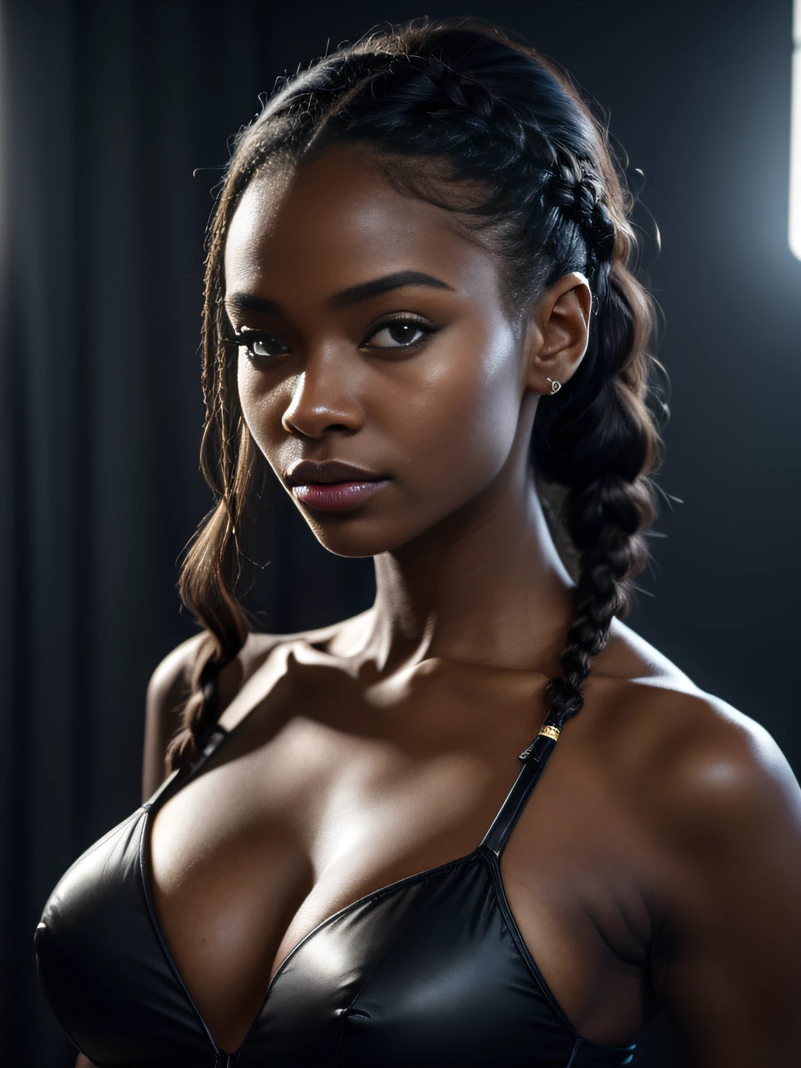 Photo professionnelle du corps entier, (Photo 4k:1.1) par (Jeremy Lipking:0.3), (Dittmann Anna:0.3), (jiner:0.3), (mise au point nette:1.3), High detail, black skin woman, Telltale Red Jumpsuit, club, braided hair, Pose of the Instagram model, confiant, Fille maigre, petits seins:1.2, anatomie parfaite, Perfect symmetry:1.2, Realstic, realistic face:1.2, visage parfait, contenu, confiant, highly detailed, et dramatique, lighting cinematic, Lighting scene, soft lights