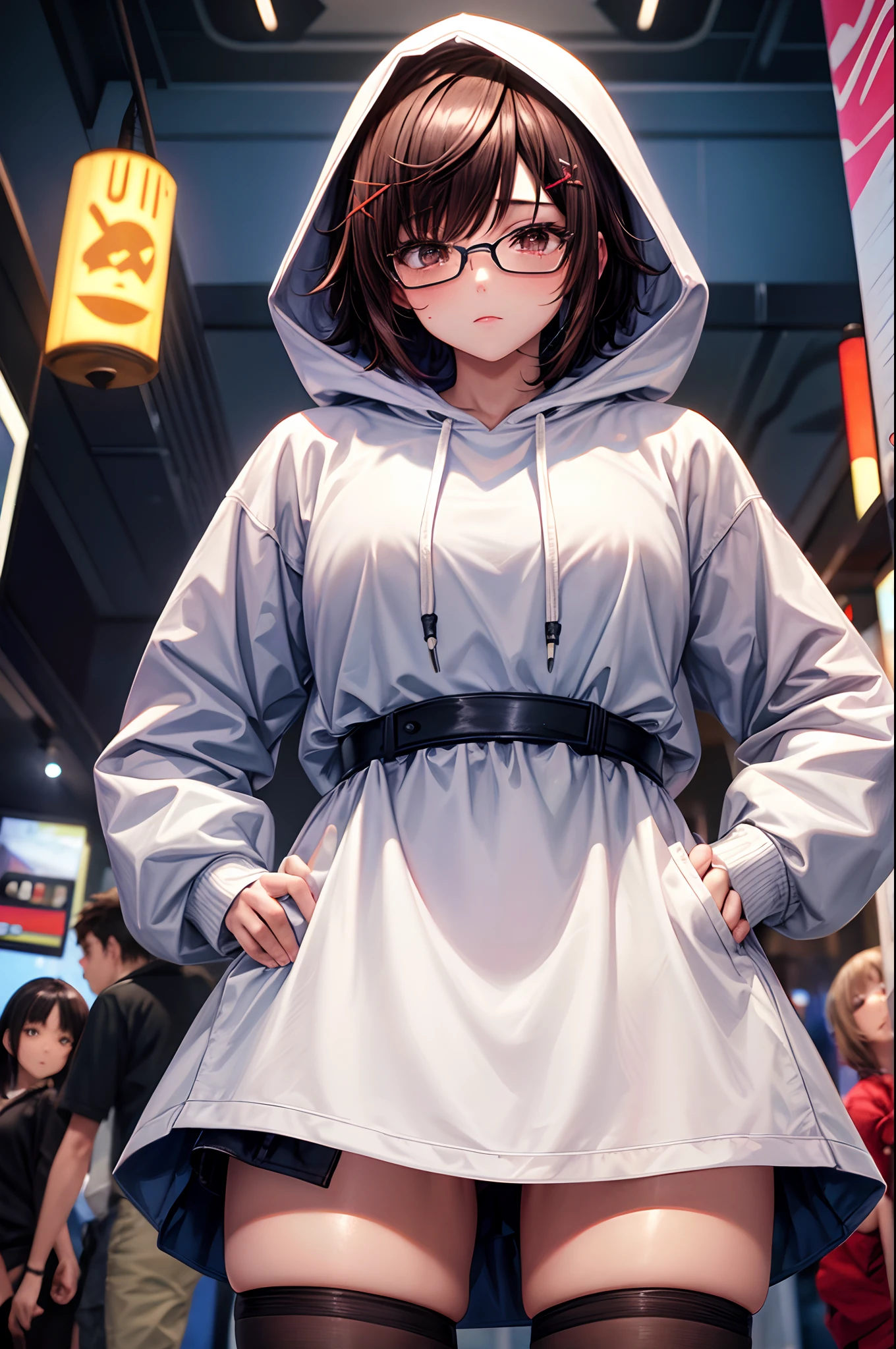 put on a hoodie hood, Play UFO Catcher at a game center, Wear a white hoodie, leaning forward, Describes the background extensively, blush, Wear black knee-high socks that go all the way up to the thigh., hair behind ear, short hair, expressive hair, over-rim eyewear, x hair ornament, hair dyed brown, anime style, anime, from below, best quality, super detail, textured skin, UHD, 4K, anatomically correct