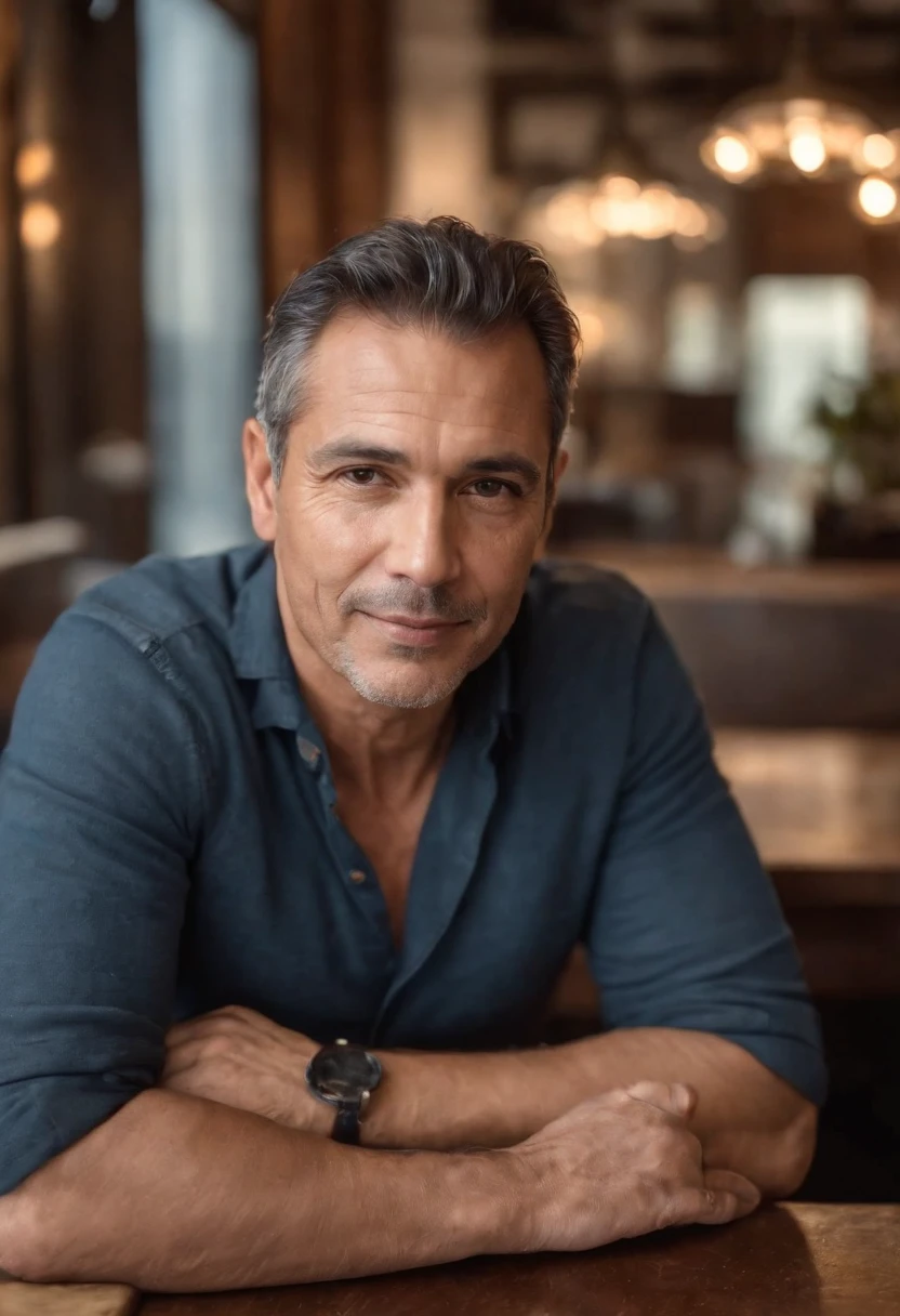 A very handsome Latino man, sans  barbe , maigre, 55 ans, Maintenant, erect,  grand, pose sensuelle , Sitting in a well-stocked café, Quality Phoro, visage bien visible