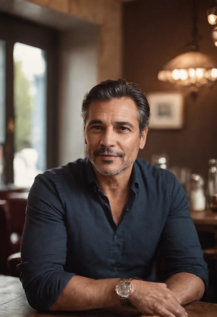 A very handsome Latino man, sans barbe , maigre, 55 ans, Maintenant, erect, grand, pose sensuelle , Sitting in a well-stocked café, Quality Phoro, visage bien visible