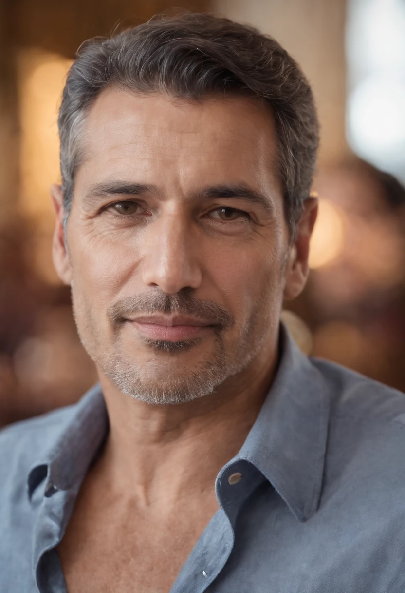 A very handsome Latino man, sans barbe , maigre, 55 ans, Maintenant, erect, grand, pose sensuelle , Sitting in a well-stocked café, Quality Phoro, visage bien visible