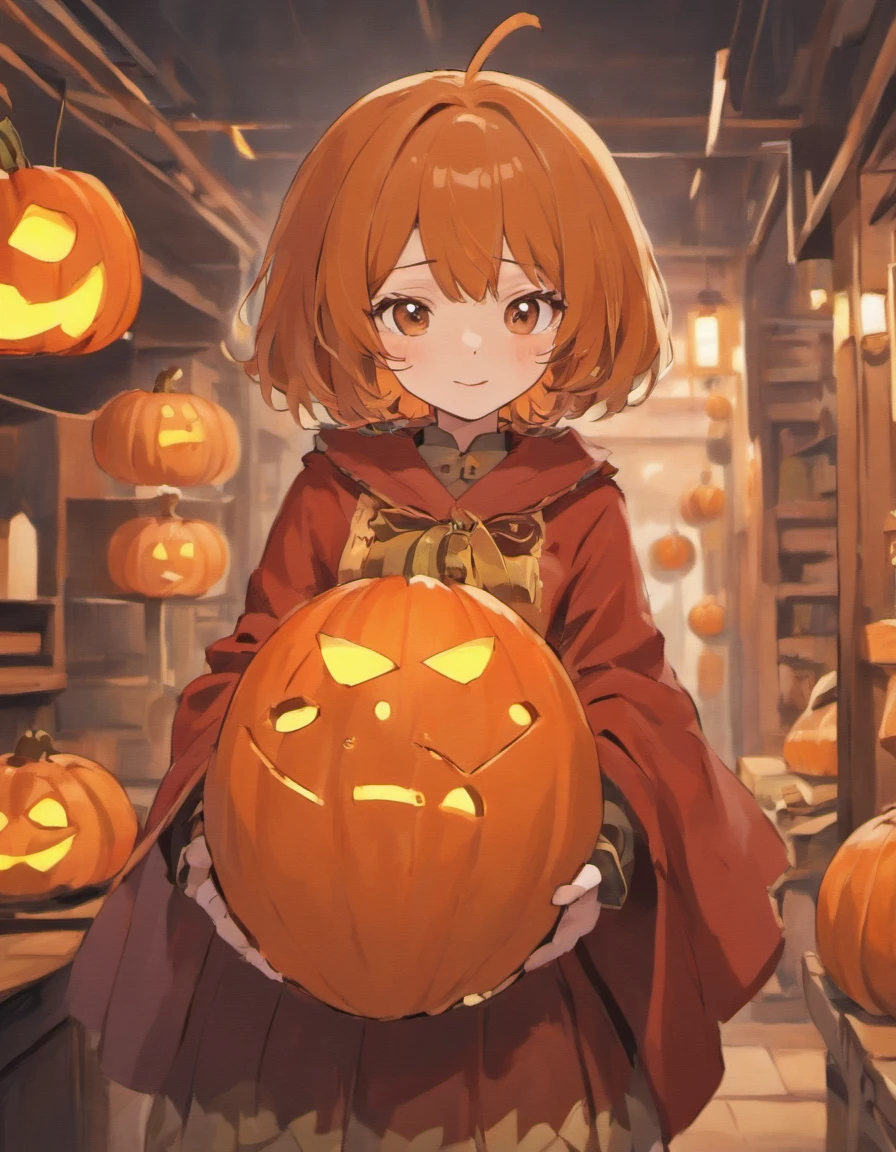 Costume planning theme autumn warmth in reds and browns, Style: rural lolita, Old money style, Reference brand TEME 2023. Moya Seoul 2023 colours: red, Amber, brown, Orange-yellow details: maroon short cape, maroon pleated dress, Full body front design, brown short hair, messy hair, golden eyes, shy, cute pose, holding pumpkin, autumn, smile