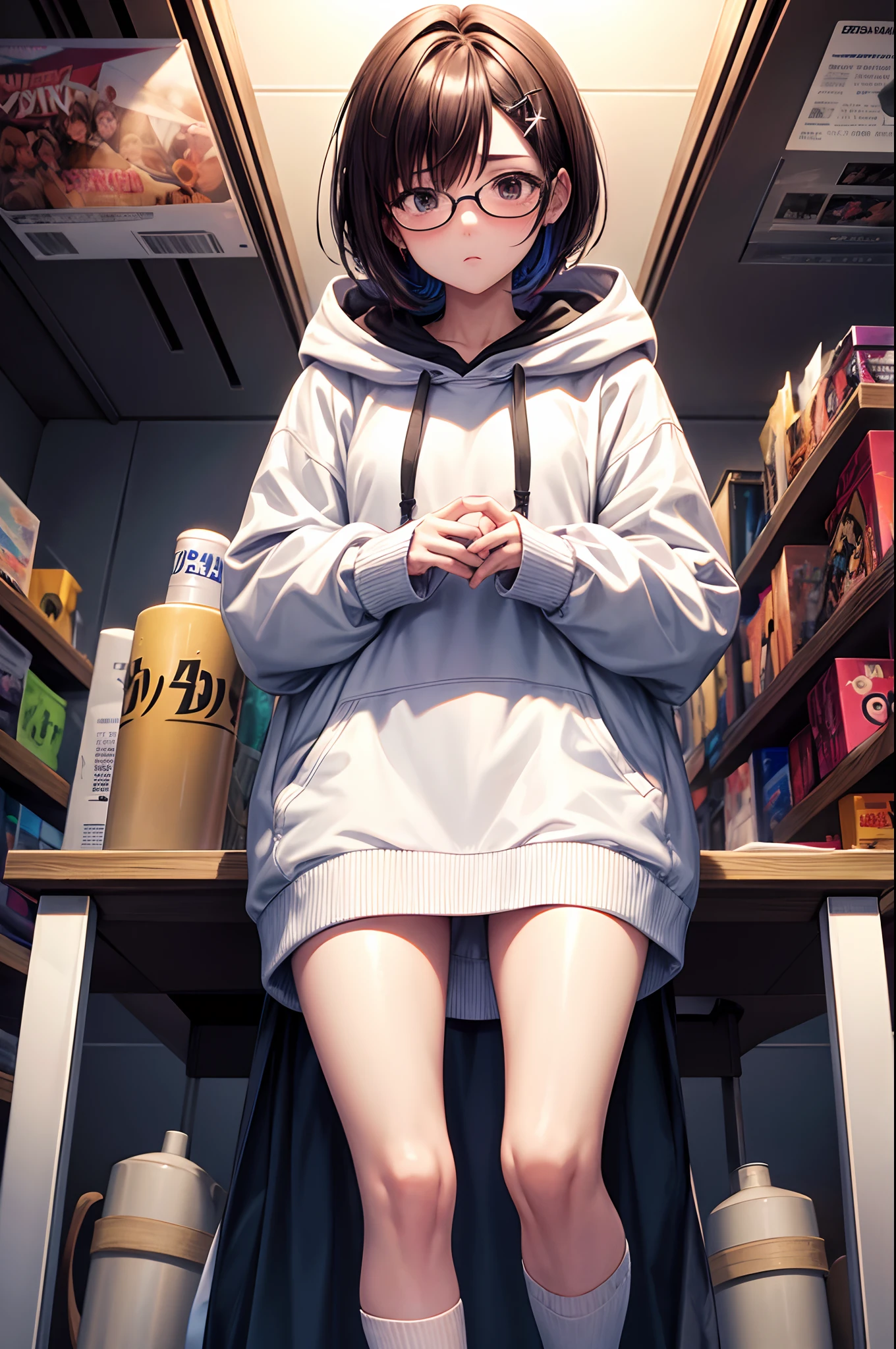 put on a hoodie hood, Play UFO Catcher at a game center, Wear a white hoodie, leaning forward, Describes the background extensively, blush, Wear black knee-high socks that go all the way up to the thigh., hair behind ear, short hair, expressive hair, over-rim eyewear, x hair ornament, hair dyed brown, Depicts the subject at 30% of the angle of view, anime style, anime, from below, best quality, super detail, textured skin, UHD, 4K, anatomically correct