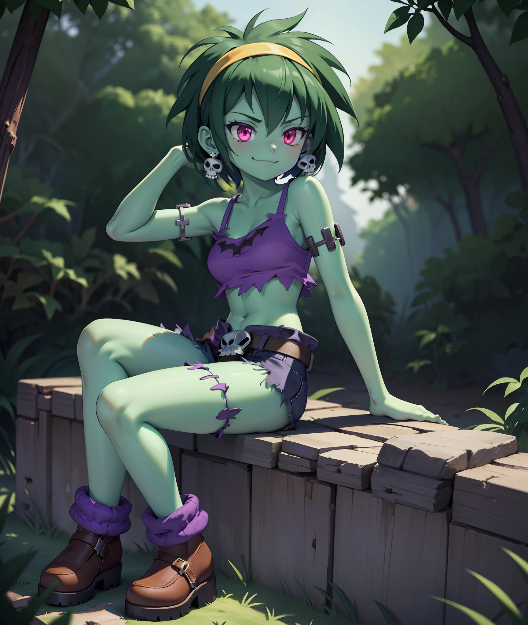 [rottytops], [uploaded to e621.net; (napalm_express)], ((masterpiece)), ((HD)), ((high quality)), ((detailed shading)), ((solo portrait)), ((full body)), ((front view)), ((anime)), ((beautiful render art)), ((cinematic lighting)), ((intricate details)), {(slim body), green skin, cute red eyes, short green hair, smug smirk, white teeth}, {(purple torn tank top), (midriff), (purple ripped jean shorts), (brown platform boots), (yellow headband), (skull earrings), (skull belt buckle)}, {(Sitting), (looking at viewer)}, [background; (dark forest), (starry sky), (trees), (fog), (ambient lighting)]