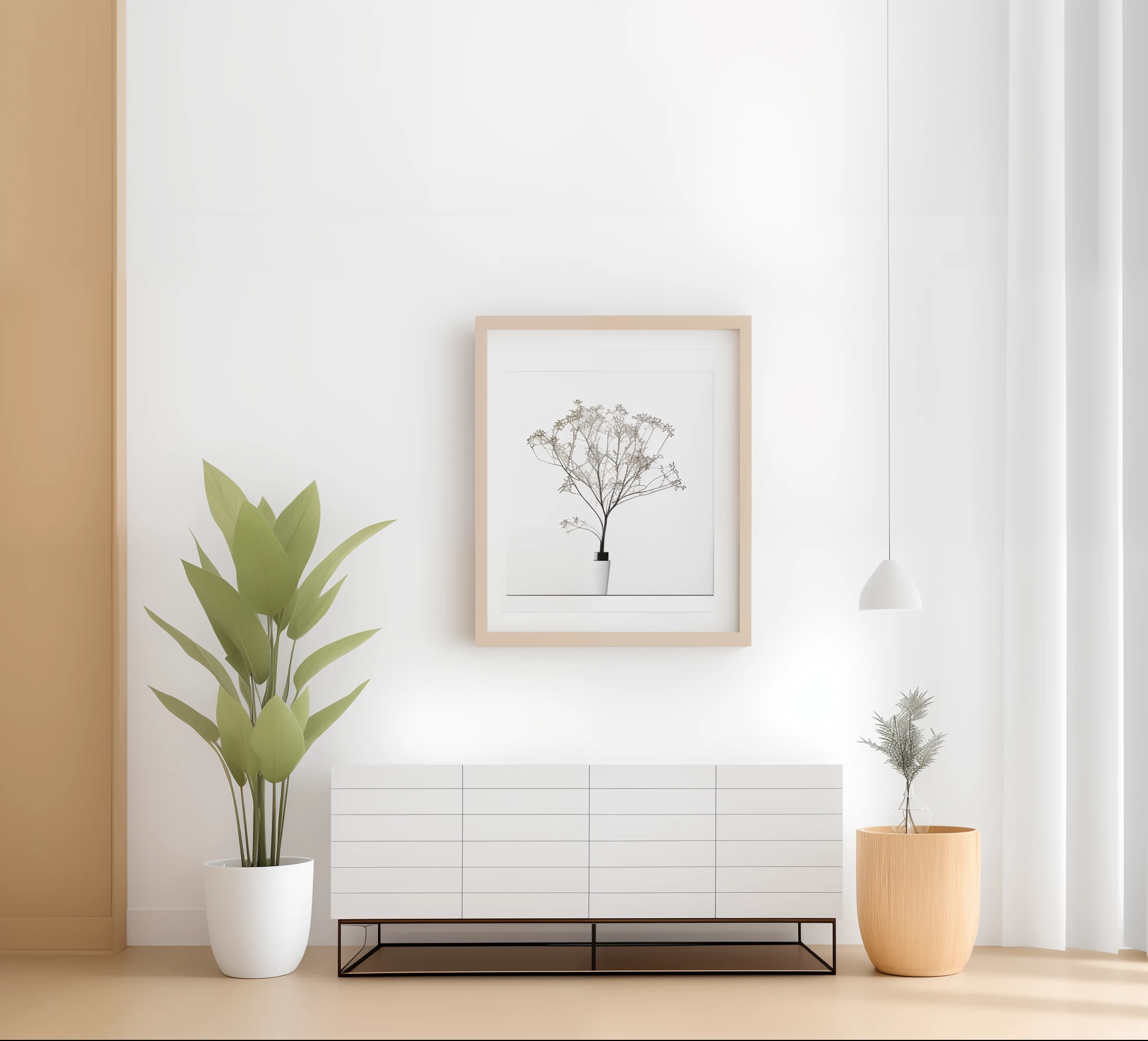There's a picture of a plant in a pot on the ground, colocado em uma sala de estar, Arte minimalista, colocado em uma grande sala de estar, muito minimalista, ambiente minimalista, pintura minimalista, furniture photography, estilo de arte minimalista, design minimalista, desenho minimalista, limited edition print, fine art print, com um fundo branco