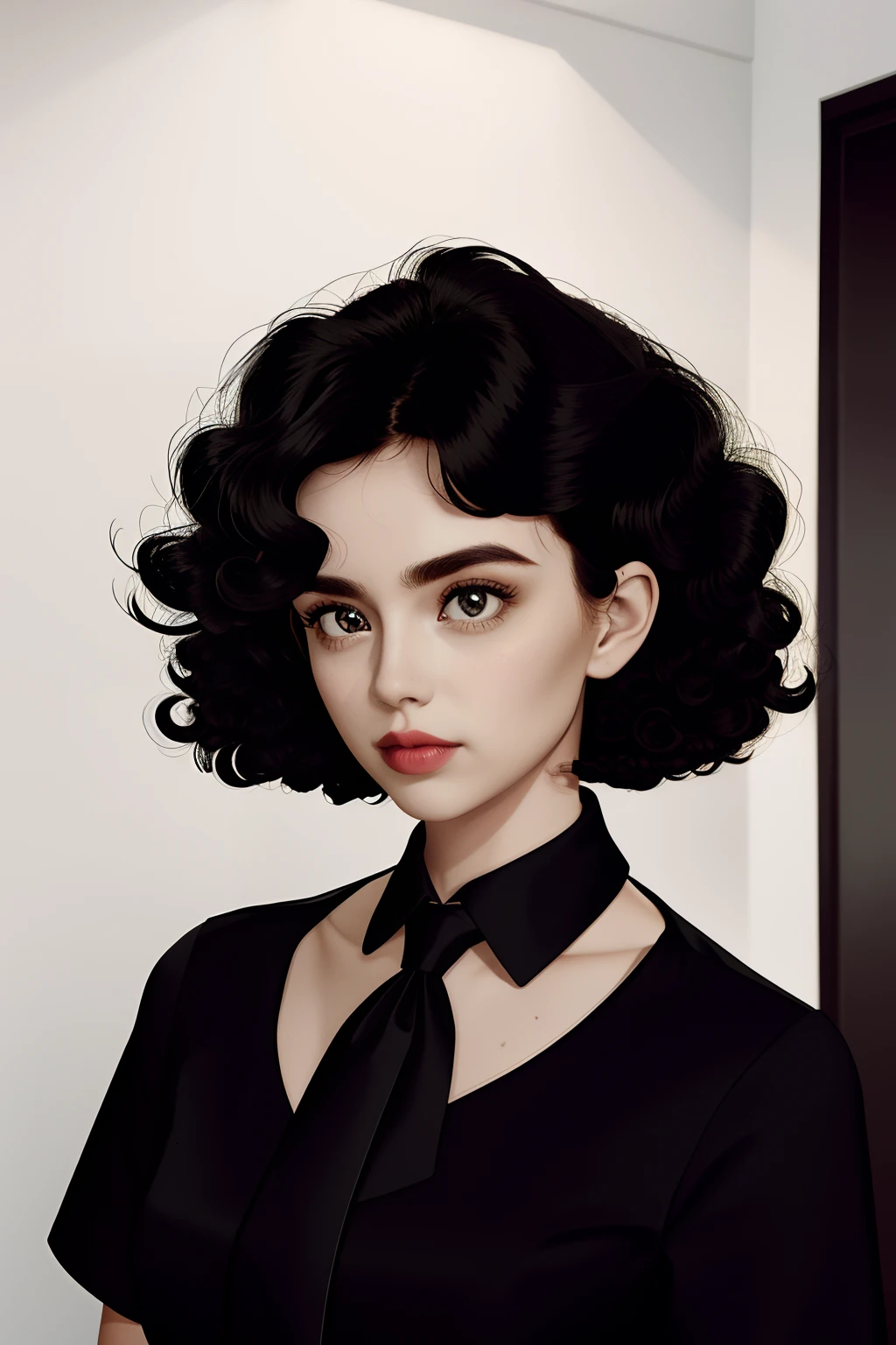 a 1girl, body complet, very detail, a lot of details, very extremely beautiful,  ((tmasterpiece)), (short neck-length hair, curly hair, Curled hair), (black necktie, Red shirt), bright colours, looks into the distance,