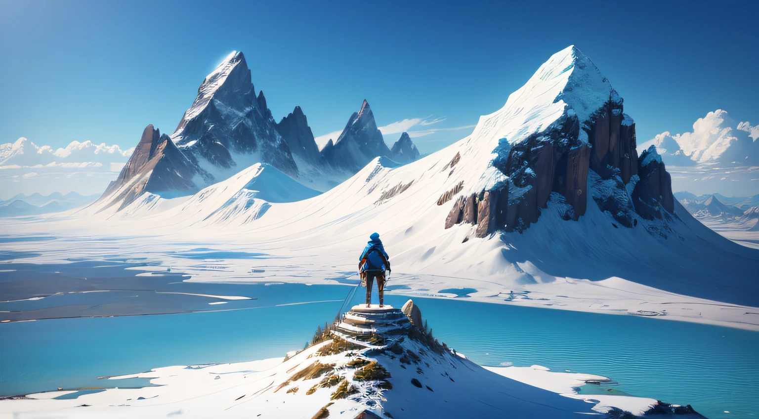Make 1 manHe's on top of the mountain
Bright blue skyHe's glad to have reached the top.
ultra realista, qualidade 8k, fullhd
