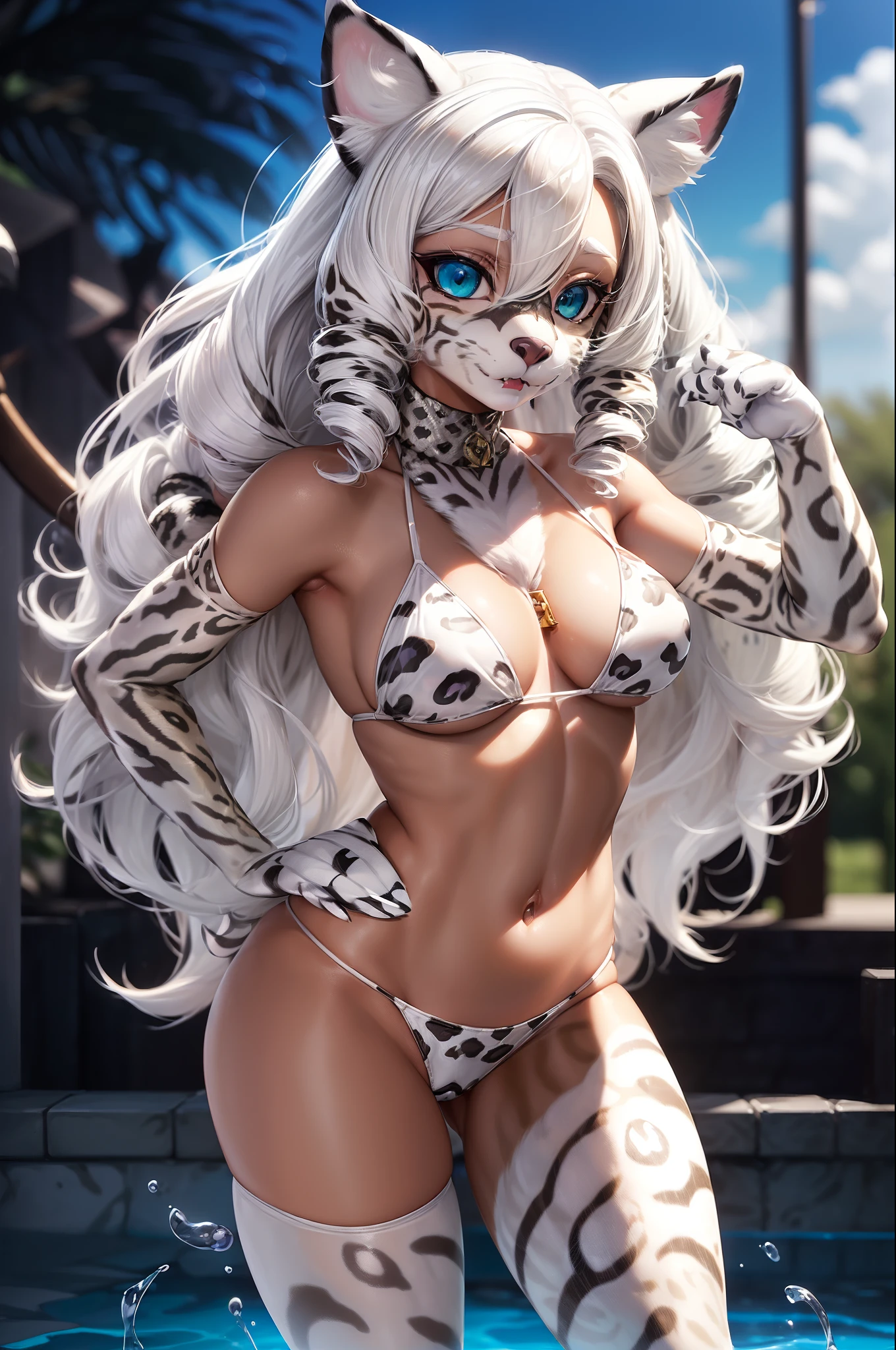 ((furry artstyle, furry female, furry, white two ocelot ears, white one ocelot tail, white furr:1.7)), (masterpiece:1.3), (best quality:1.2), in front of the pool, 8K, small boobs, woman, tall, thicc thighs, big hips, pastel purple thong with 2 thong lines on her hips, pastel purple frilly upper bikini, wet see-through, hard  under bikini, (white hair, wavy long hair, hair drills:1.3), blue eyes, looking at viewer -  - --auto --s2