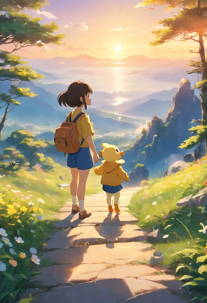 Two ducklings、In the mountains、A high resolution、4K、8K images、closeup portrait、Unreal Engine5、Light 3D/C4D production: 8K HD quality/illuminating/Ultra-fine lens description 1.5、Flawless、Chibi background/Cinematic。