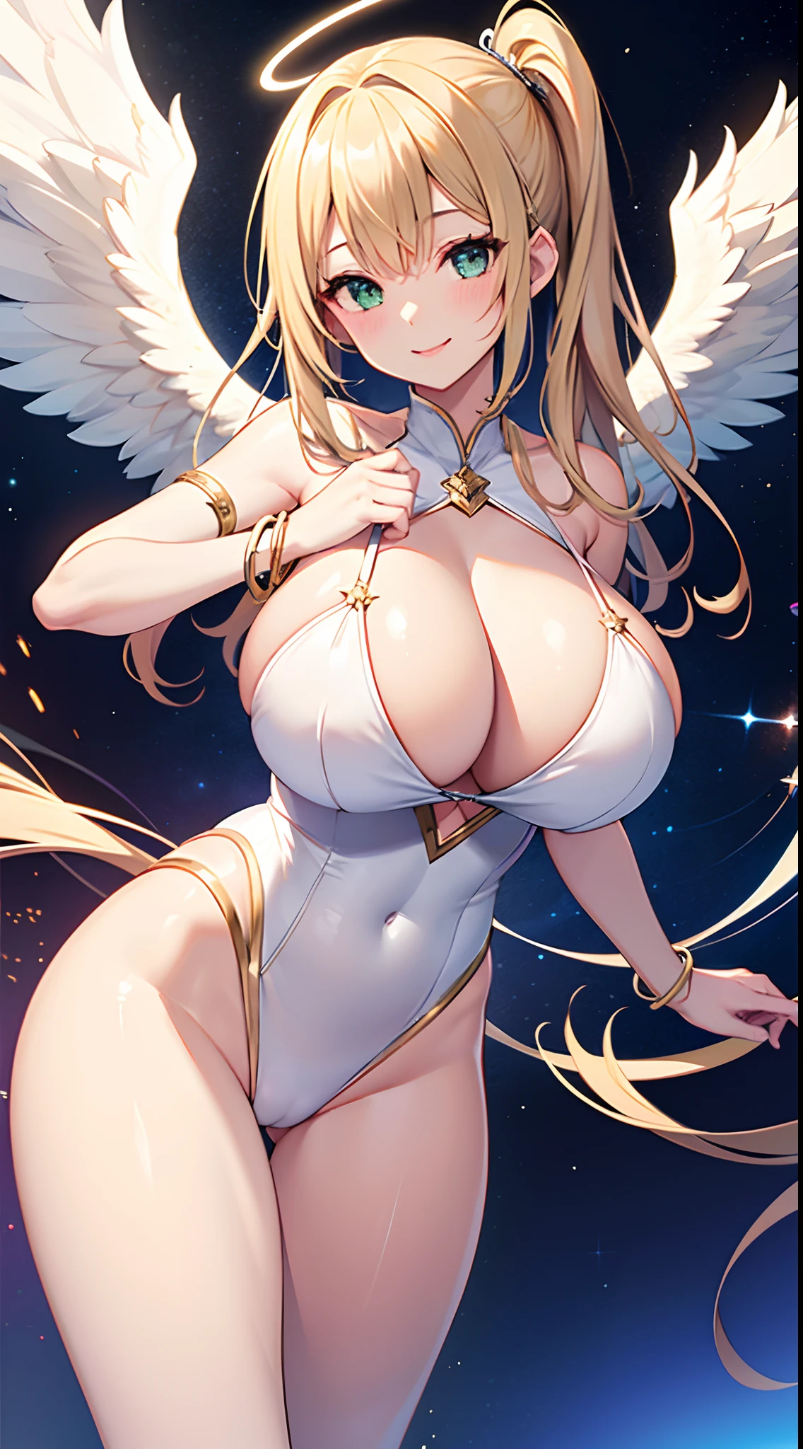 1 girl, game CG, 1 girl, game CG, white leotard, cleavage visible, angel halo, angel wings, bangles, gigantic breasts, blonde, middle hair, side ponytail, green eyes, stars, night, smile, dynamic,