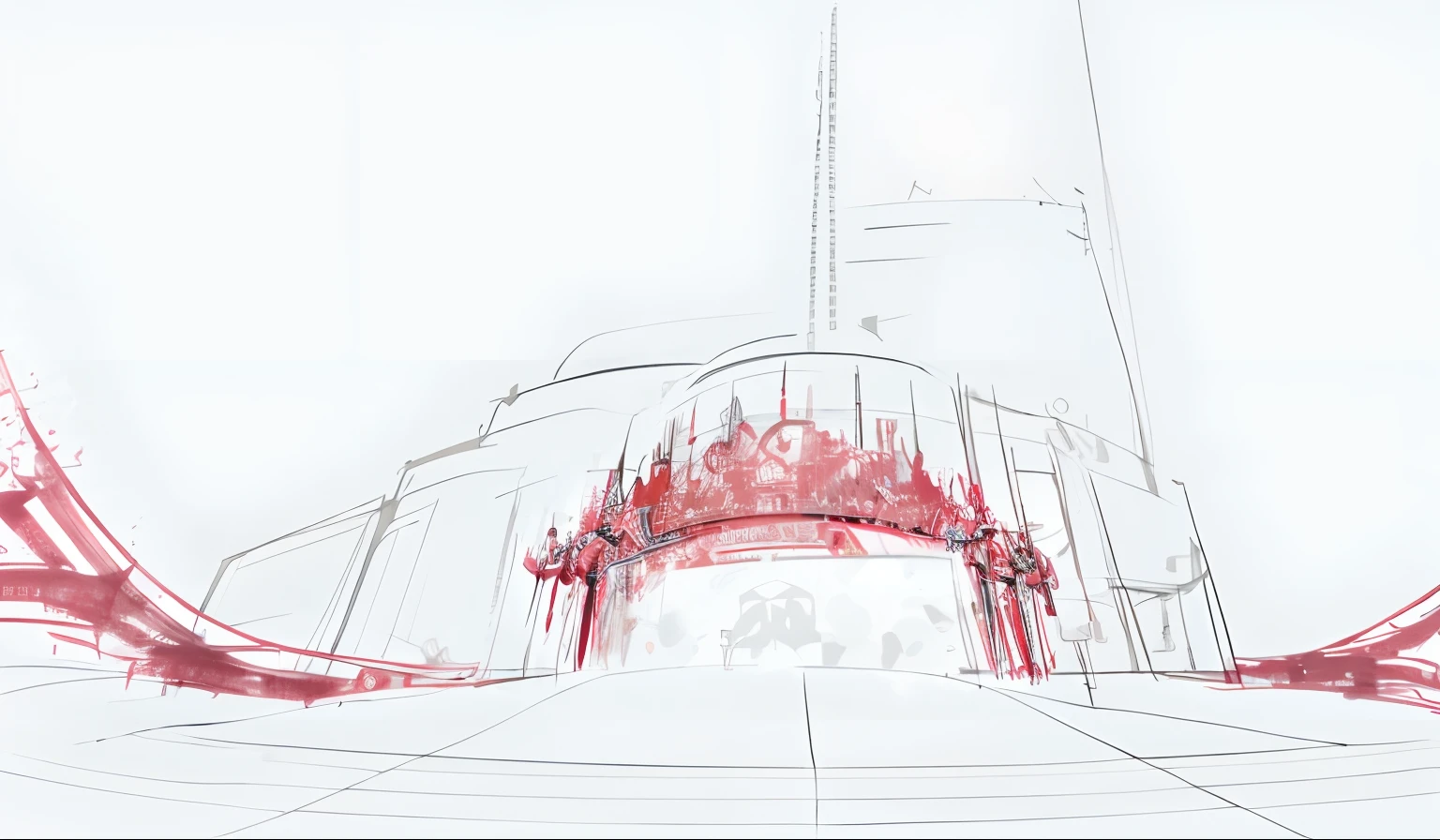 There is a drawing of a building with a red design, Cantonese opera headdress, Concept illustration, concept sketches, concept art sketch, concept-art, concept-art, action perspective concept, Photorealistic rendering, concept-art!, sketch of oculus rift, establishing shot, concept piece, concept artwork, backside of scenography elements, dynamic linework, Architectural sketch
