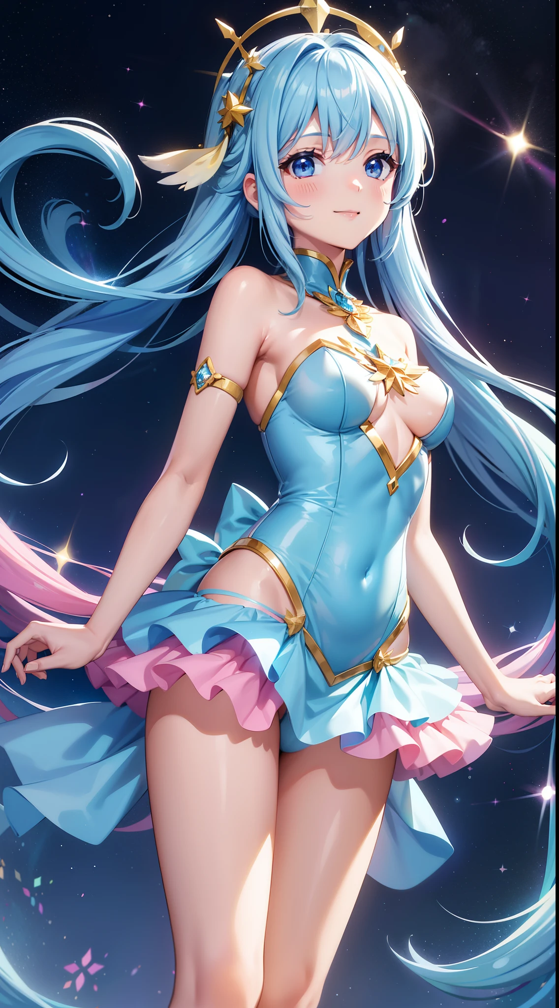 Super Idol　a beauty girl　A charming smile　sky blue hair　length hair　Facing straight ahead　Twin-tailed　Glittering pink and white、Blue and yellow leotard costume　Mystical　Fantasia　constellation　a moon　Crystal Brilliance　Aurora Borealis in the Night Sky