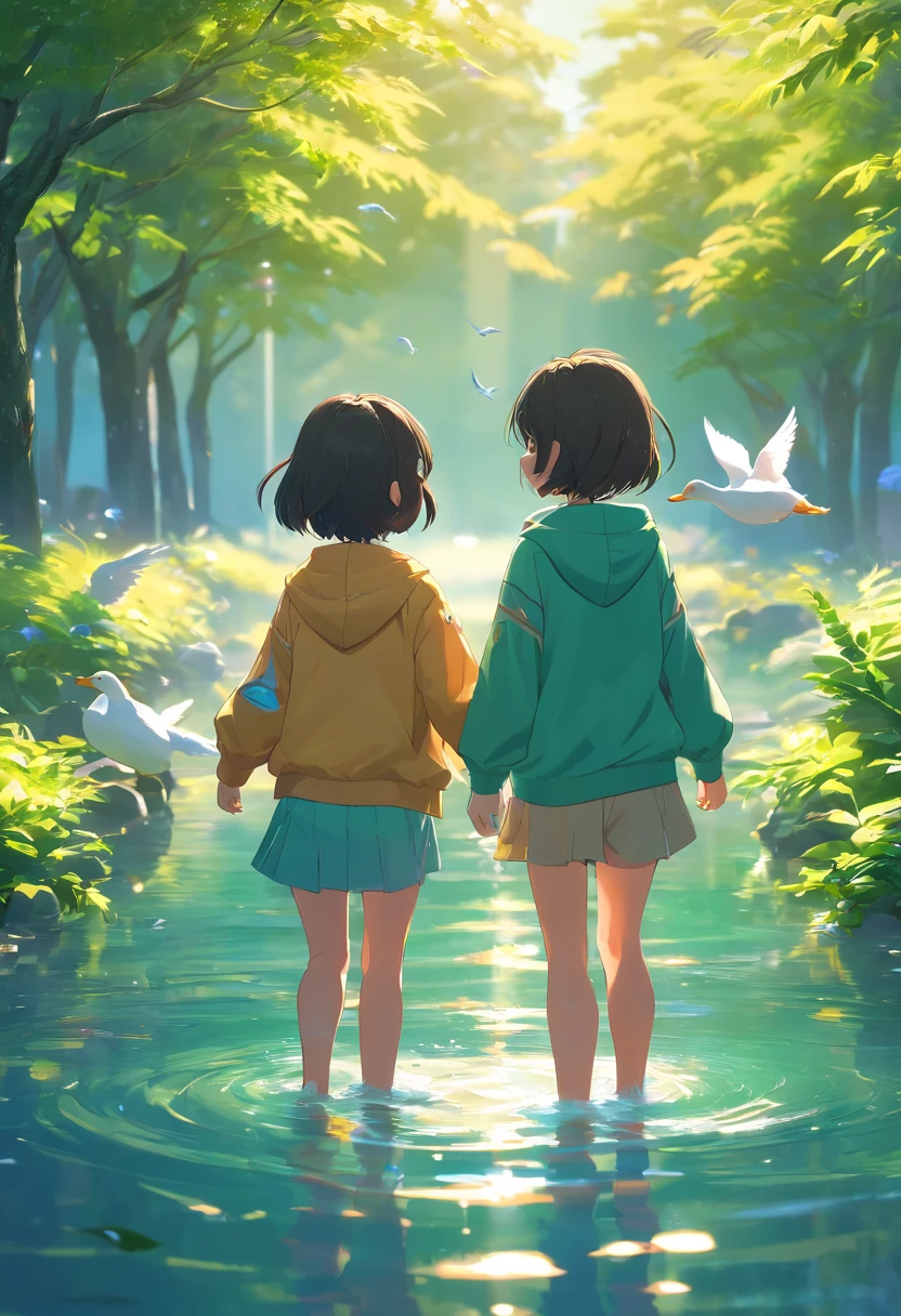 two ducks、A high resolution、4K、8K images、closeup portrait、Unreal Engine5、Light 3D/C4D production: 8K HD quality/illuminating/Ultra-fine lens description 1.5、Flawless、Chibi background/Cinematic。