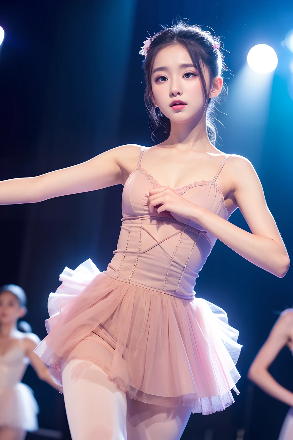 (8K、Raw photography、Photorealsitic:1.25)、(18 year old woman with beautiful perfect face)、Ballet dancer、The dynamism of ballet、On stage、It expresses a sense of tension、Ballet Costumes、Pointe shoes、tutu、Glistening sweat、lipgloss、shiny bare skin、top-quality、超A high resolution