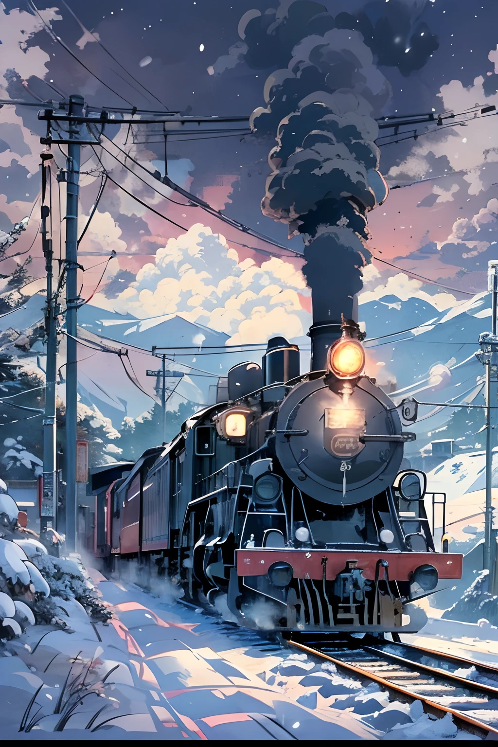 Locomotive with smoke in the center、headlight、Japan countryside、Cinematic scenery、Studio Ghibli、midnight、Very snowy、snow blowing、snow cover、Mare、masutepiece,Best Quality,Sketch style、