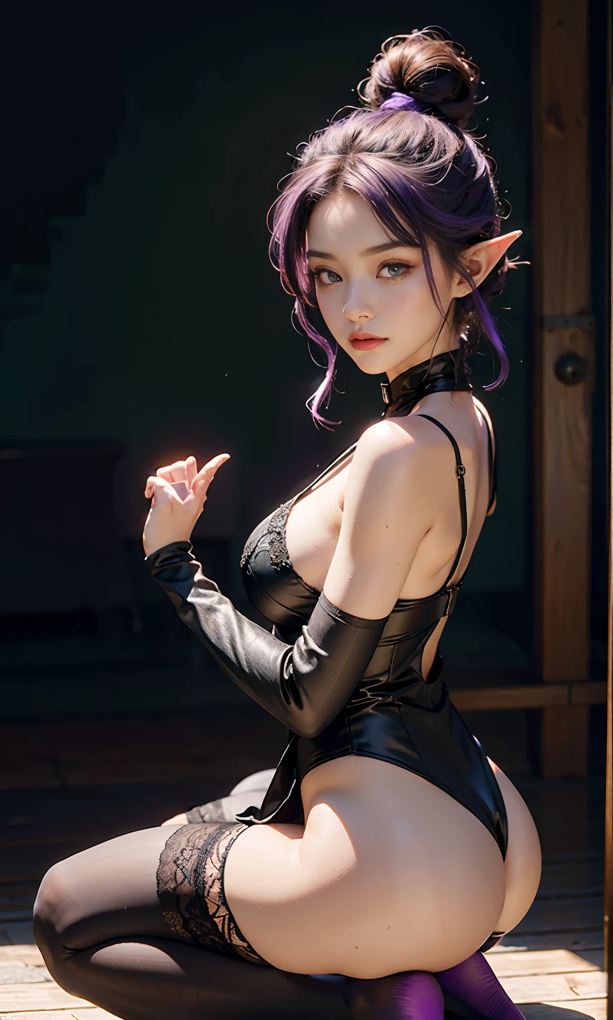 (raining day:1 bun lady,Purple hair combed into a bun, Kneeling pose), tmasterpiece, best qualtiy, RAW photogr, realisticlying, the face, Incredibly Ridiculous res, Beautiful elf beauty,(Kneeling pose,Point at you with your ass) ear studs,Get wet all over, (Light purple ultra-short hair,hair-bun), black formal,tiese,(black lence stockings),Black stockings,(Jade foot,Stretch your feet,Stocking feet),depth of fields, A high resolution, ultra - detailed, filigree, RAWE is very detailed, very detailed eyes and faces, Sharp pupils, realistic pupil, tack sharp focus, cinmatic lighting,full bodyesbian,Bigboobs,long leges,From the front side,Main street on a rainy day,dynamicposes