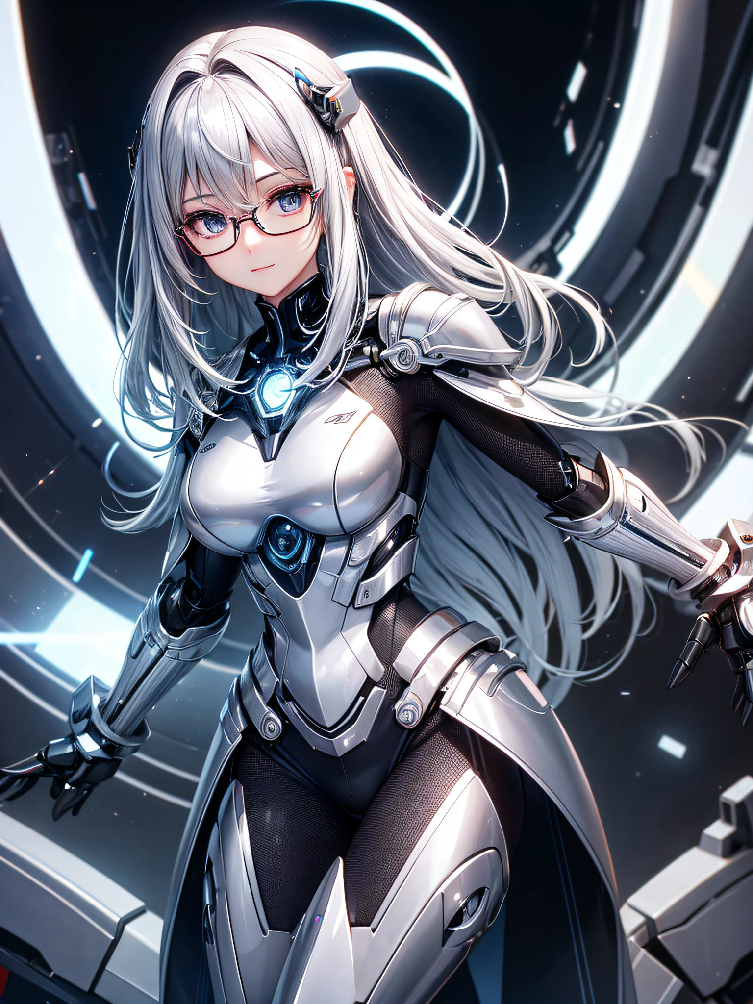 5 8K UHD、Mechanical beauty with shiny silver body wearing glasses is posing、Shiny silver robot with hidden skin