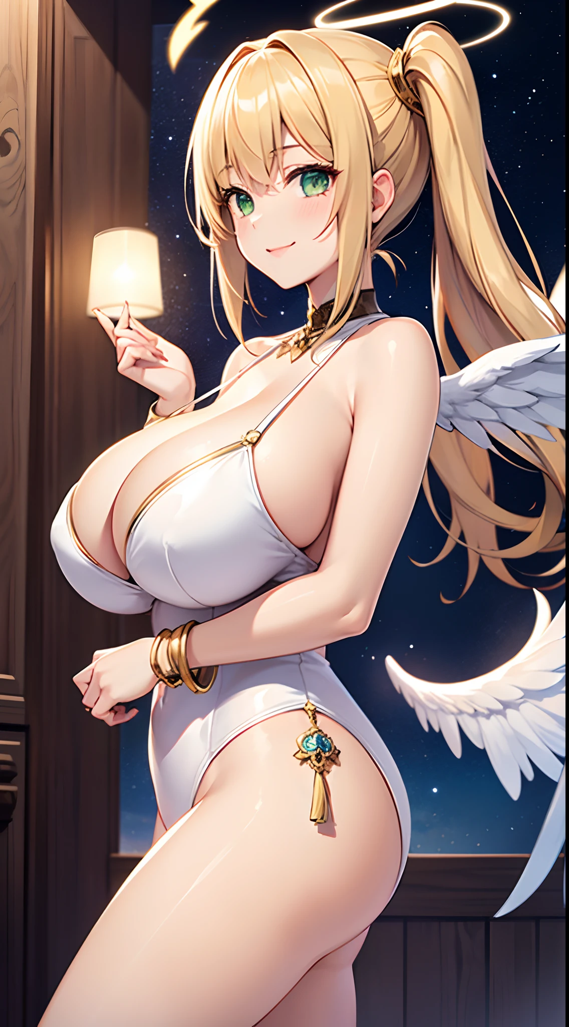 1 girl, game CG, 1 girl, game CG, white leotard, cleavage visible, angel halo, angel wings, bangles, gigantic breasts, blonde, middle hair, side ponytail, green eyes, stars, night, smile, dynamic,