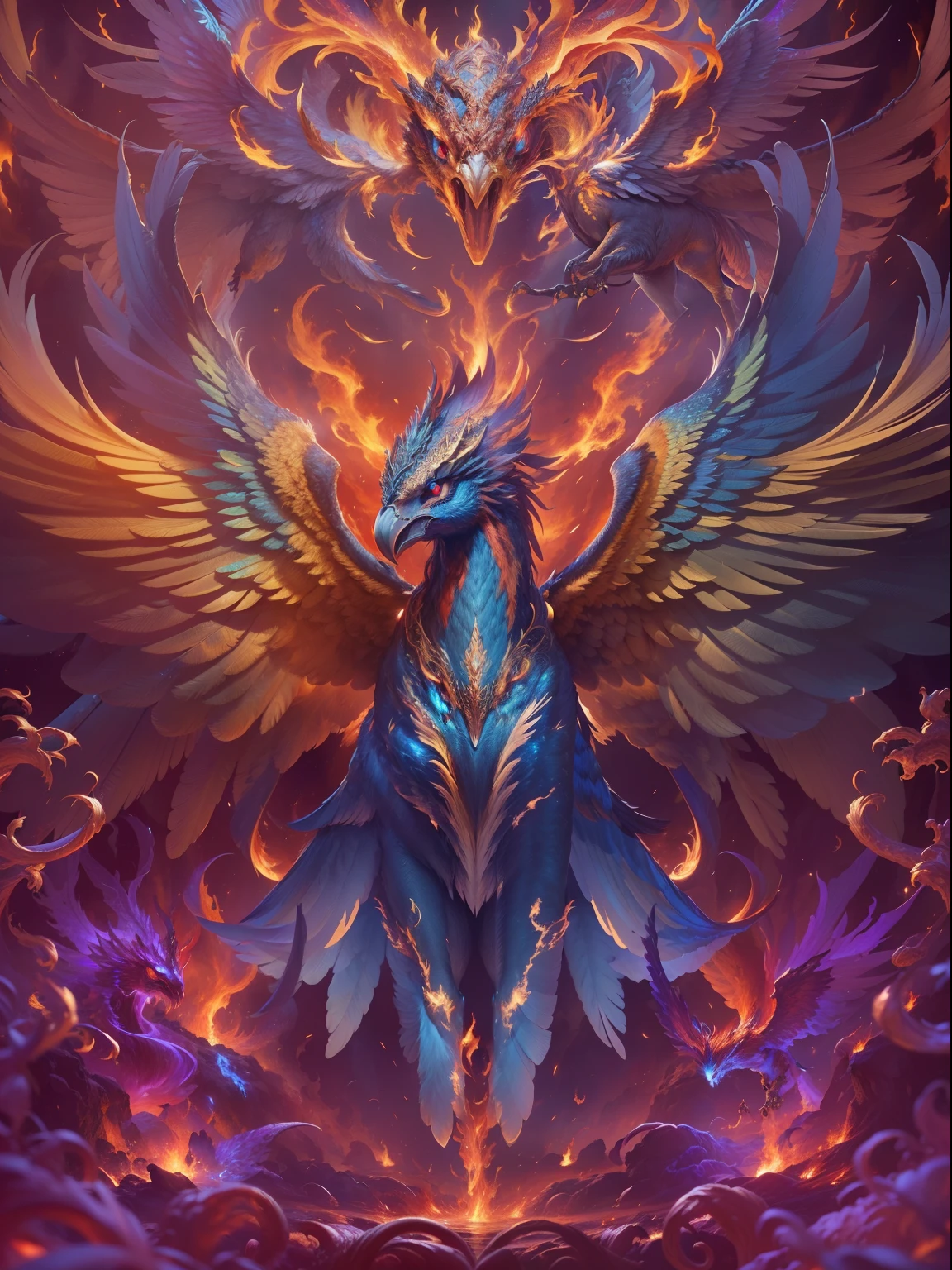 "(Best quality,4K,8K,A high resolution,Masterpiece:1.2),Ultra-detailed,(Realistic,Photorealistic,photo-realistic:1.37),Epic,Legendary,Fantastical,mito,Enchanted,mistic,Ancient,Immortal Phoenix,Glowing embers,Radiant feathers,Huge tail，fiery wings,Palatial presence,A gaze of awe,Extraordinary flight"