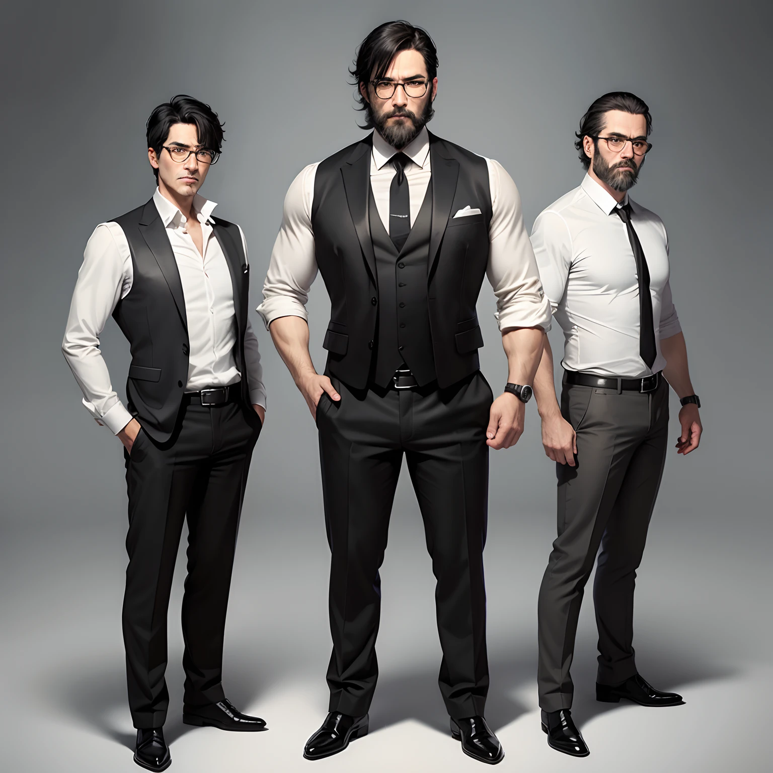 Detective Rugged face Glasses Black hair Gray eyes 40 years old Sanpaku eyes British beard is well-formed Smoking a cigarette Black vest White shirt Black leather shoes Full body standing picture illustration