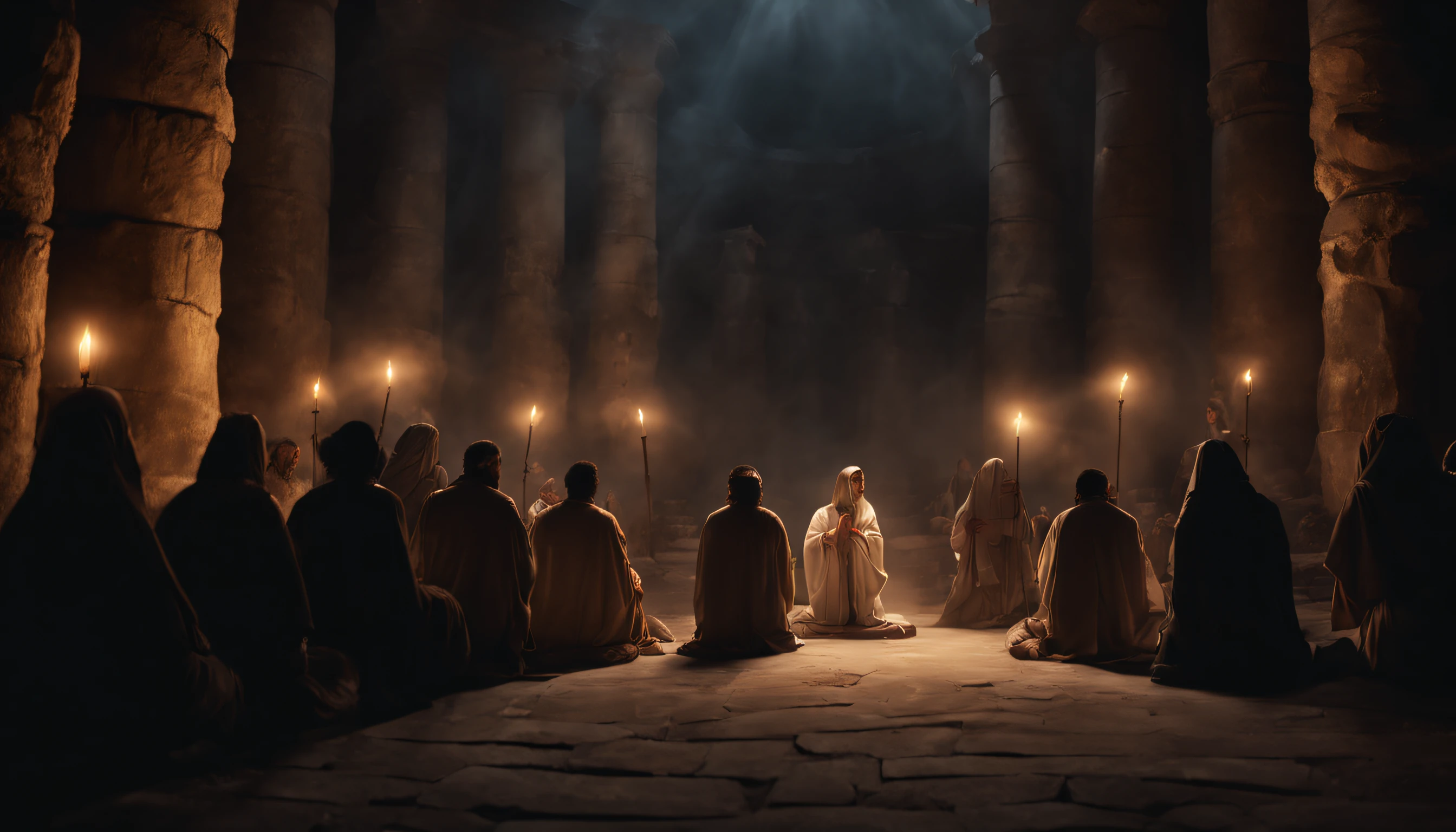 people in ancient clothes, from the time of Jesus, praying in a sacred place, dark, realistic, 8k, lights coming out of the sky