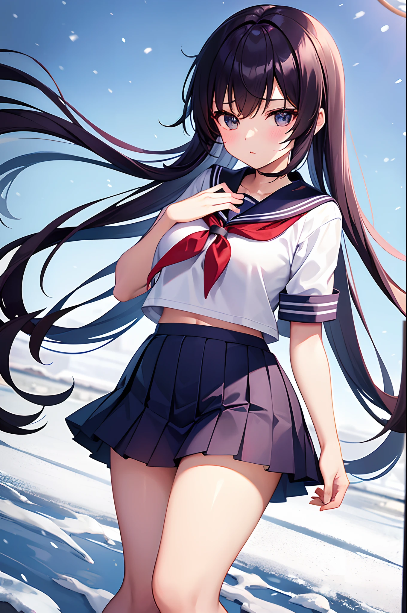 High school girl in a sailor suit in a thick miniskirt wearing short sleeves even though it is snowing in the winter season