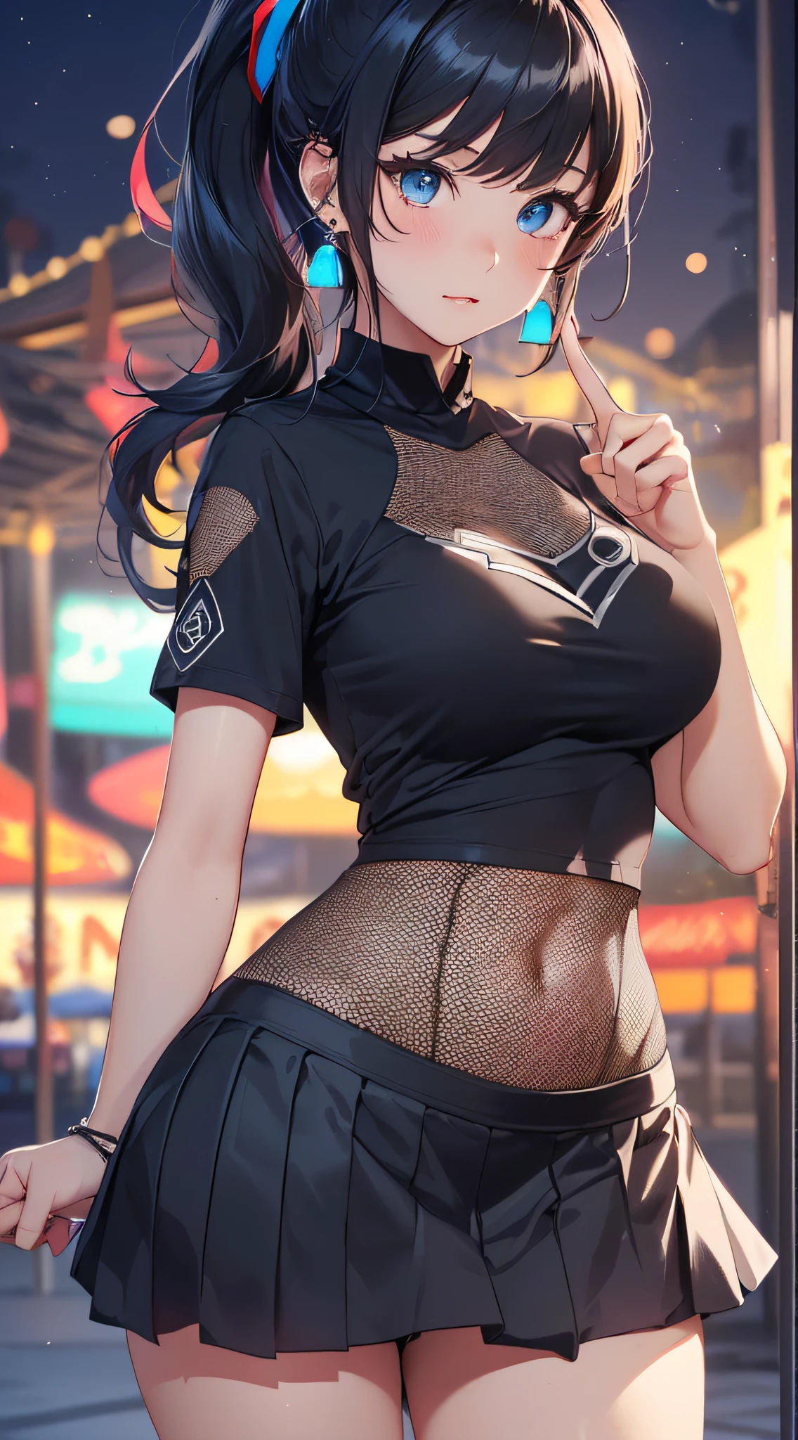 Sexy woman, black hair, off shoulder crop top, miniskirt, wide hips, thick thighs, beautiful face, amazing body, sultry pose, lustful expression
