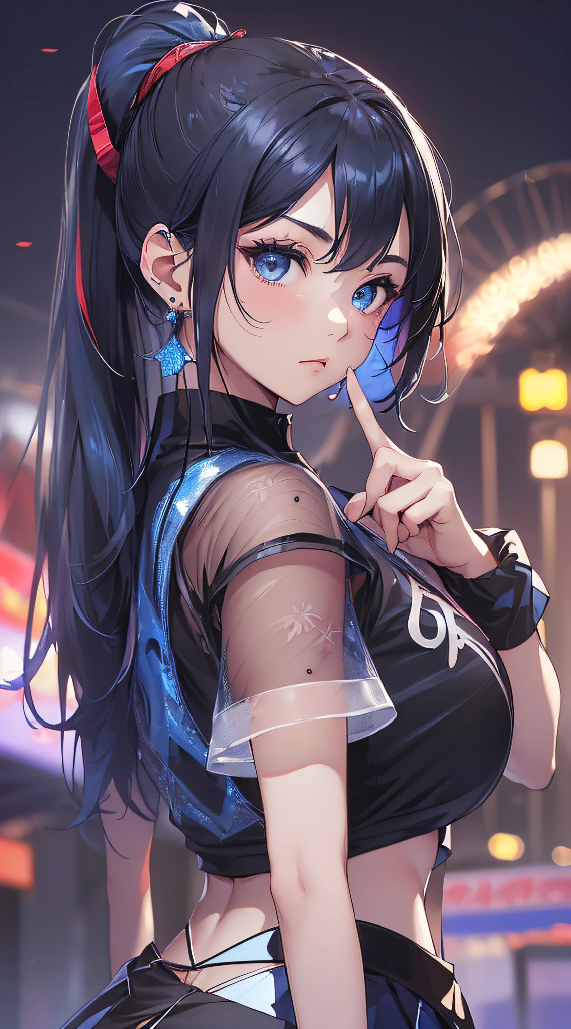top-quality、Top image quality、​masterpiece、girl with((18year old、Best Bust、Medium bust、Bust 85,Beautiful blue eyes、Breasts wide open,Black Short Sleeve T-Shirt、White see-through、Black short skirt、Ponytail with black hair、Laugh、Beautiful blue earrings、A slender、Height 175cm,Leaning forward、Blue mesh on front left hair、V-sign with your finger)）hiquality、Beautiful Art、Background with((Game Center、nightclubs、Red and blue lighting)),masutepiece、Elaborate design、visualart、depth of fields、The best lighting、highestdetailed、