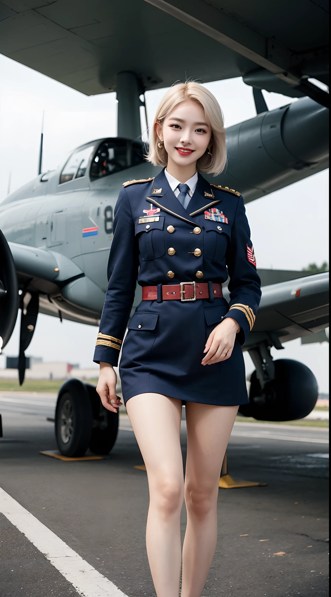 best quality, 4k, 8k, Beautiful Girl, Korean makeup, Red lips, Platinum hair, smiling, clear face, thigh, Perfect body, medium chest, Standing posture, Military attire, 2nd World War Costume, WW2, Military blue outfit, View of the aircraft carrier,