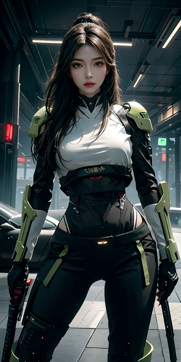 photorealistic, high resolution, soft light,1women, solo, hips up, (detailed face),green long hair, cybersamurai, cyborg, cyberpunk, cyber armor, holding weapon,glowing,gun, sniper, on the space