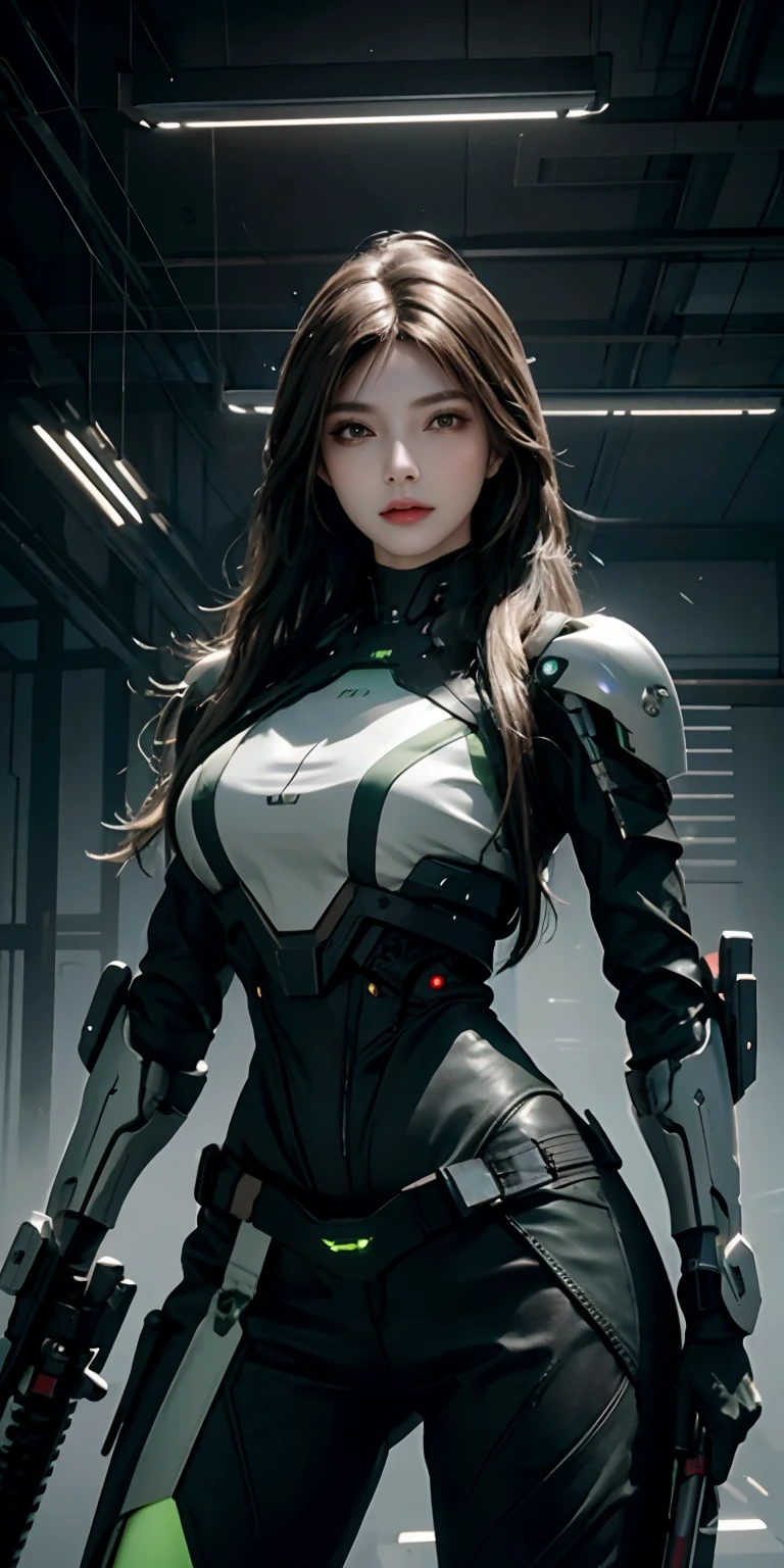 photorealistic, high resolution, soft light,1women, solo, hips up, (detailed face),green long hair, cybersamurai, cyborg, cyberpunk, cyber armor, holding weapon,glowing,gun, sniper, on the space