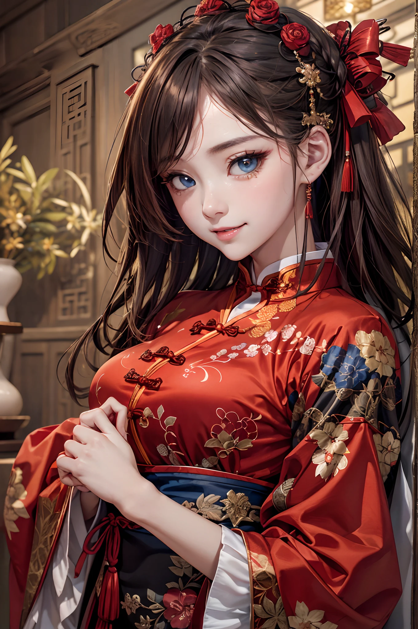 UHD, masterpiece, hightquality, High Detail, top-quality, Hi-Res, HD, 16k, 8k, 4K, Award-winning, BREAk, surrealism, 真实感, depth of fields, 电影灯光, back lighting, Symetrical, Bokeh, f/1.8, Eye level shots, 35mm, Hasselblad, extremely delicate and beautiful, ighly detailed, astonishing、finely detail, masterpiece, top-quality, Official Art, absurderes, Incredibly ridiculous, huge filesize, ultra-detailliert, hight resolution, ighly detailed, a beautiful detailed girl、(cowboy shot:1.25)、break、(deep blue eyes:1.3),(Serious smile:1.35)、extremely detailed eye and face、beatiful detailed eyes、Facial light、18year old、(Red Luxury Cheongsam:1.3)、(Fantasy Themed Clothing:1.3)、Detailed clothing、(straight hairstyle:1.2)、Detailed hair、(slender:1.15)、(huge-breasted:1.25)、perfect anatomia、 perfectly proportions、(Ancient Chinese Room Background:1.25)、细致背景、(looking at the viewers、Facing your audience:1.15)、(Seductive Model Pose)、leaning-forward、Ancient Chinese Room Light、having katana、Japan have a sword、Samurai、samurais、