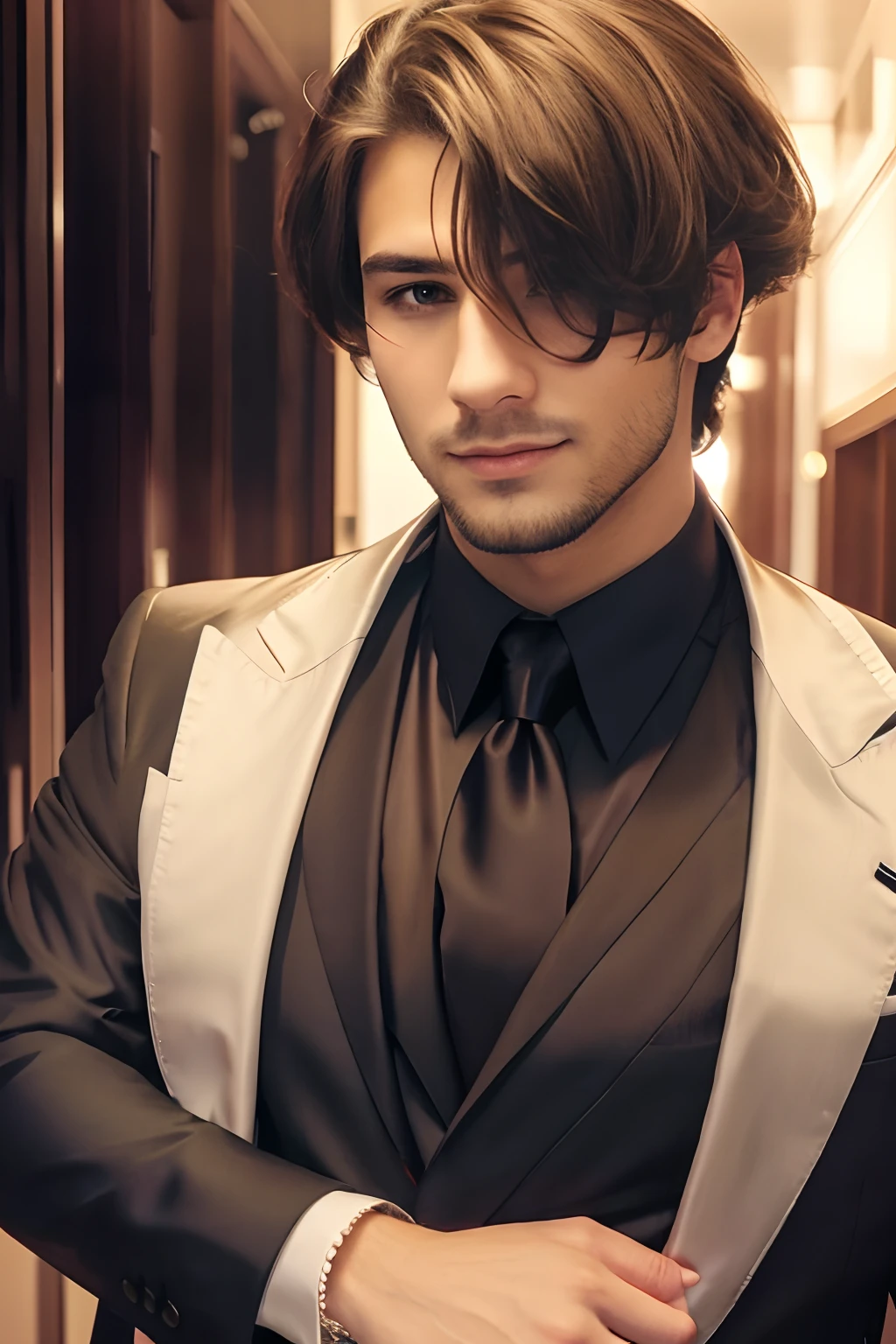 A man in a suit and tie is standing in the hallway, Portrait of a handsome man, BEAUTIFUL POSE, handsome and elegant, handsome male