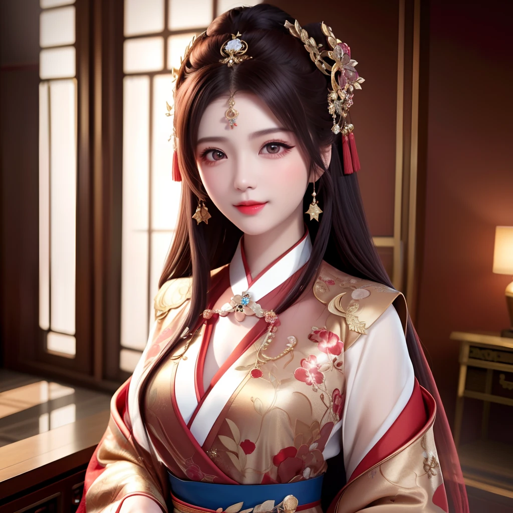 best quality, masterpiece, highres, 1girl,blush,(seductive smile:0.8),star-shaped pupils,china hanfu in red, very luxury, luxury hair ornament, luxury necklace, jewelry,Beautiful face,upon_body, tyndall effect,photorealistic, dark studio, rim lighting, two tone lighting,(high detailed skin:1.2), 8k uhd, dslr, soft lighting, high quality, volumetric lighting, candid, Photograph, high resolution, 4k, 8k, Bokeh