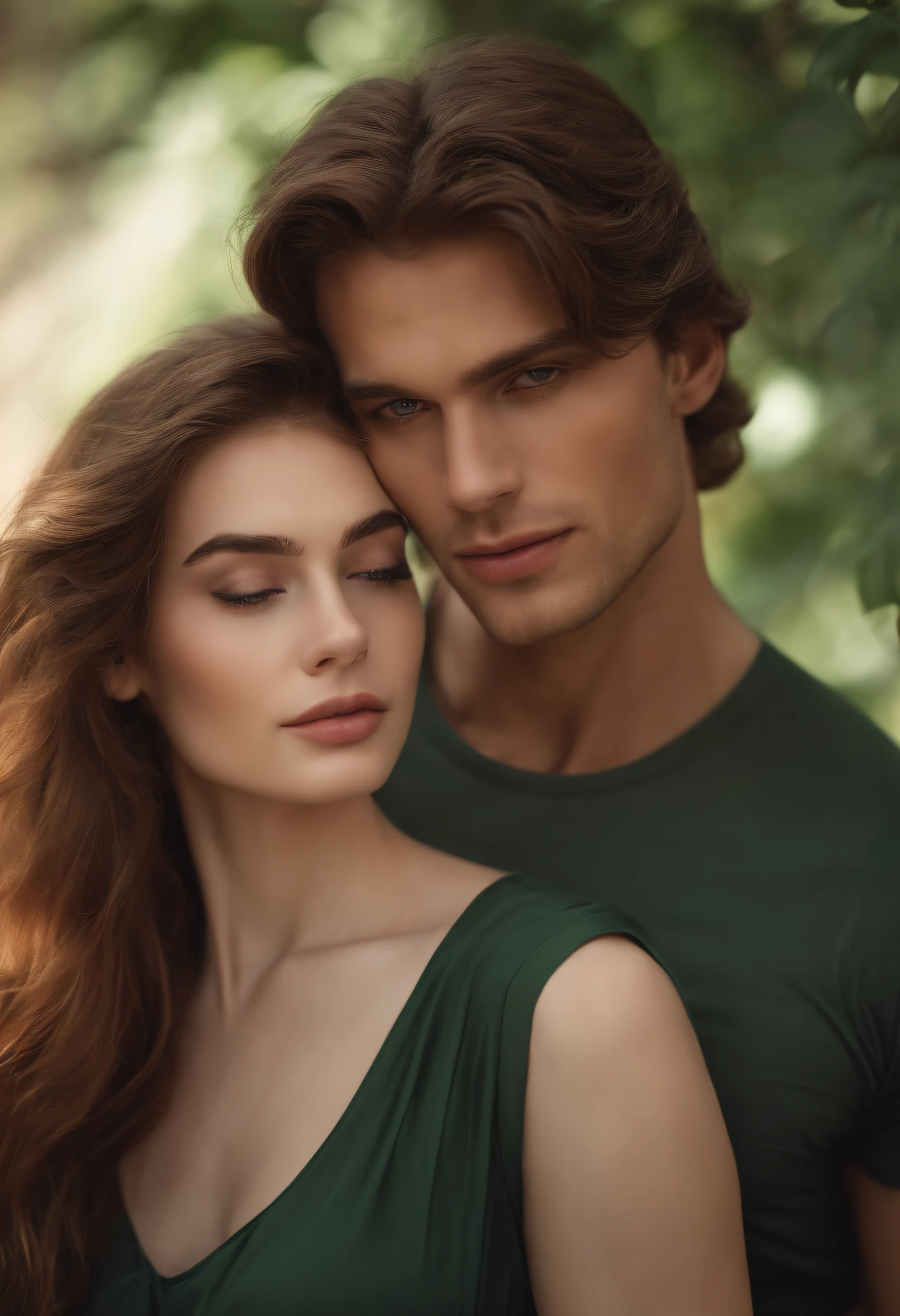 Buff and tall man in love with a cute girl with brown hair, green eyes, fair skin