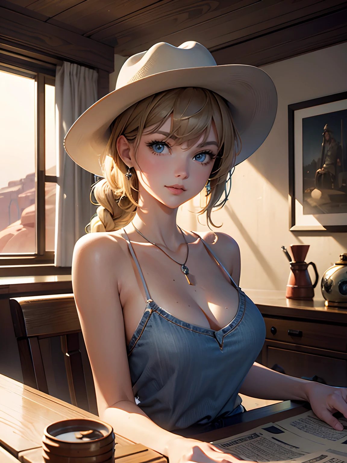 (((1 person:2.0))),(((Cowgirl Costume))),(((Low waist denim shorts))),(((Wear a western hat))),(((wear a leather belt))),(((He is wearing short sleeves, Plaid, front tie shirt.))),(((wearing a watch))),(((Showing cleavage))),(((Exposed thin inner thighs))),(((Small breasts:1.5))),(((Bare arms))),(((Her hair is blonde))),, Beautiful detailed girl, Very detailed目と顔, 緻密でBeautiful Eyes, Very detailed, High resolution, highest quality, masterpiece, Very detailed, 8k wallpaper, wonderful, finely, highest quality, The light shines on your face,,(Night Bar),Beautiful Eyes,Being drunk,She is crying hard