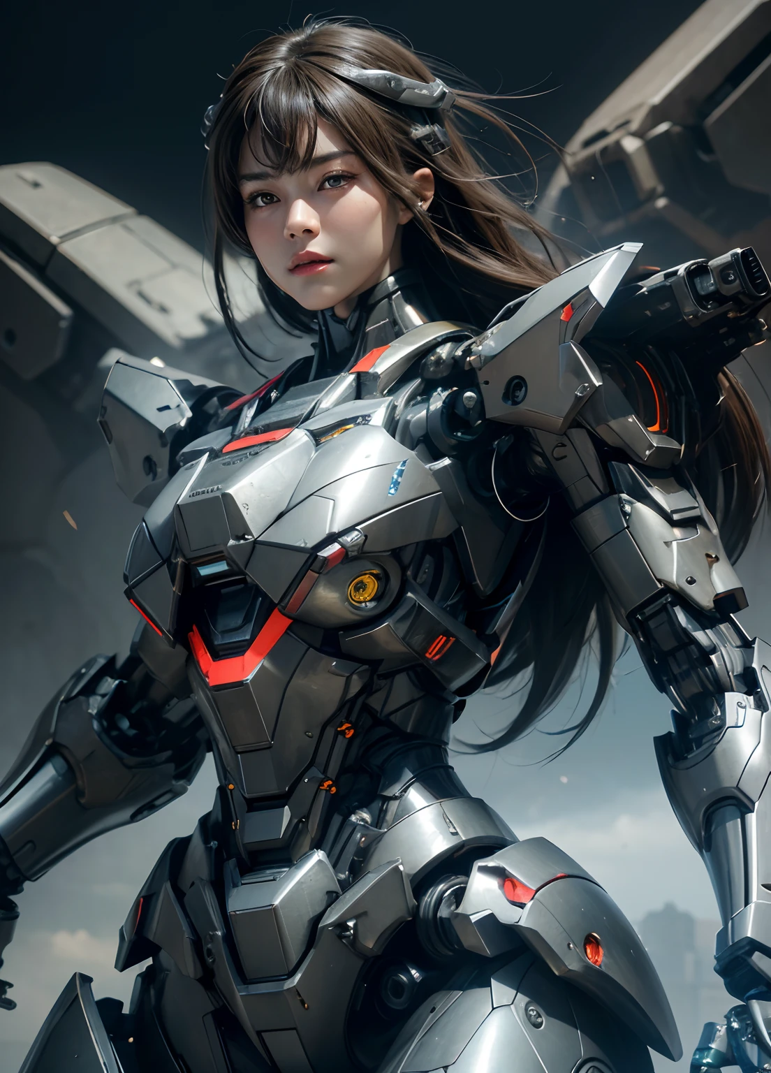 Textured skin, Super Detail, high details, High quality, Best Quality, hight resolution, 1080p, hard disk, Beautiful,(War Machine),beautiful cyborg woman,Mecha Cyborg Girl,Battle Mode,Girl with a Mecha Body,She wears a futuristic war machine weapon mech,Fulll body Shot