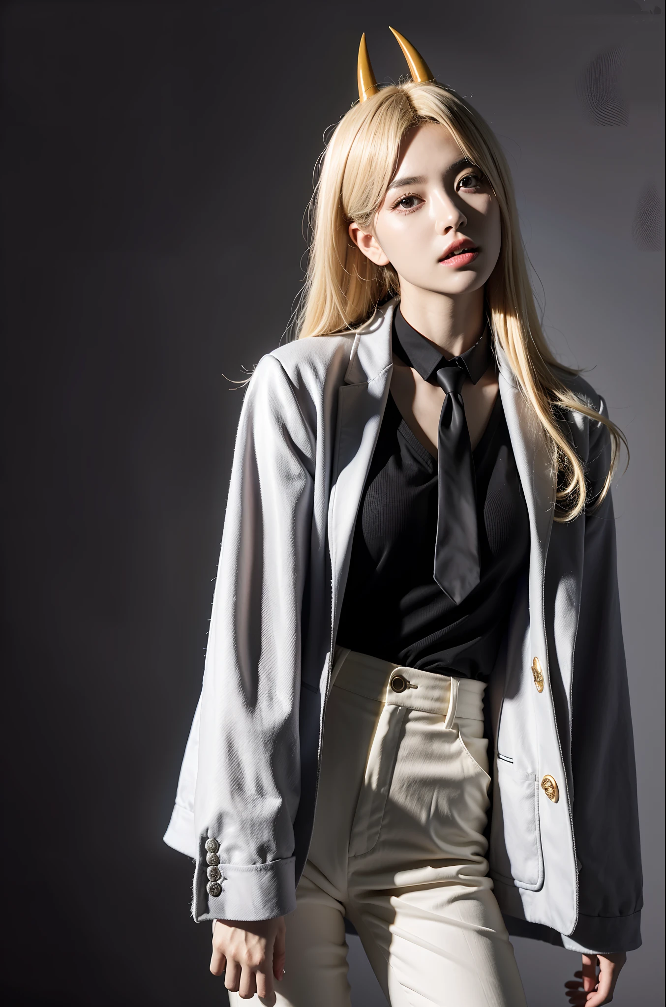 (best quality, masterpiece:1.4), absurdres, ultra-detailed CG, 8k, high detailed, beautiful face, detailed face, 1girl, solo, power \(csm\), (horns, blonde hair:1.4), symbol-shaped pupils, sharp teeth, white shirt, black pants, necktie, jacket, toned, shiny skin, head tilt, standing still, ((grey background)), bloom, light particles, depth of field, cowboy shot, straight-on,