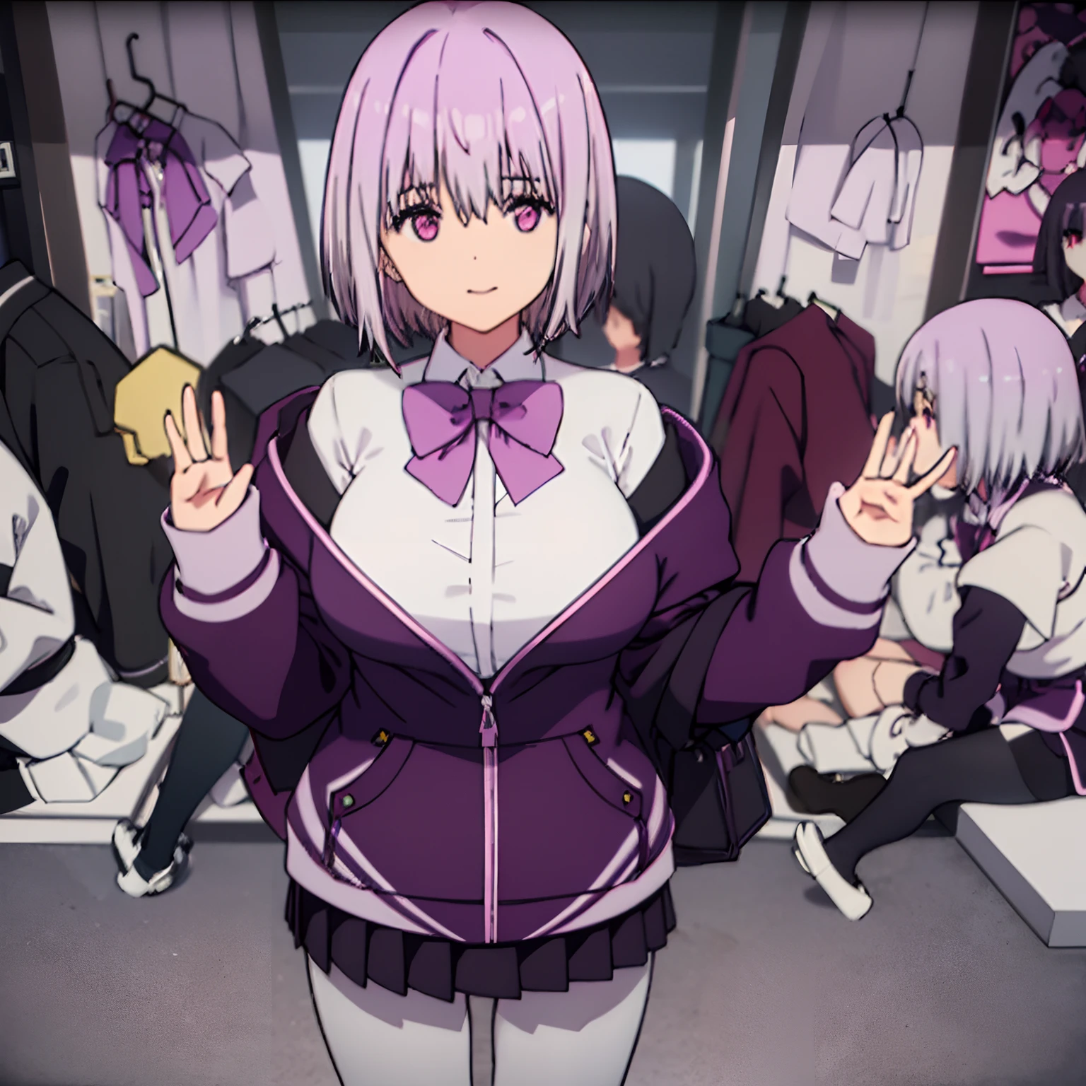 upperbody, huge tits, akane, light purple hair, pink eyes, short hair, black pantyhose, bow, collared shirt, hood, hooded jacket, jacket, open clothes, open jacket, open shirt, pantyhose, purple bow, purple jacket, school uniform, shirt, white shirt,