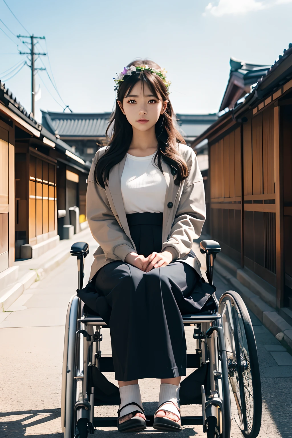 1girl in, Young woman in wheelchair, full body Esbian, (Looking at Viewer:1.3), (Schoolgirl Jacket), (flowercrown), (The beautiful city of Kyoto, Beautiful sky background), natural skin color, (Closed mouth:1.2), (medium breasts⁩), Floating hair, Beautiful expression, Details of face, eye detailed, iris details, masutepiece, Best Quality, Photorealistic, Hyper realistic, ultra-detailliert, Perfect Lighting, depth of fields, shadowy, hight resolution,