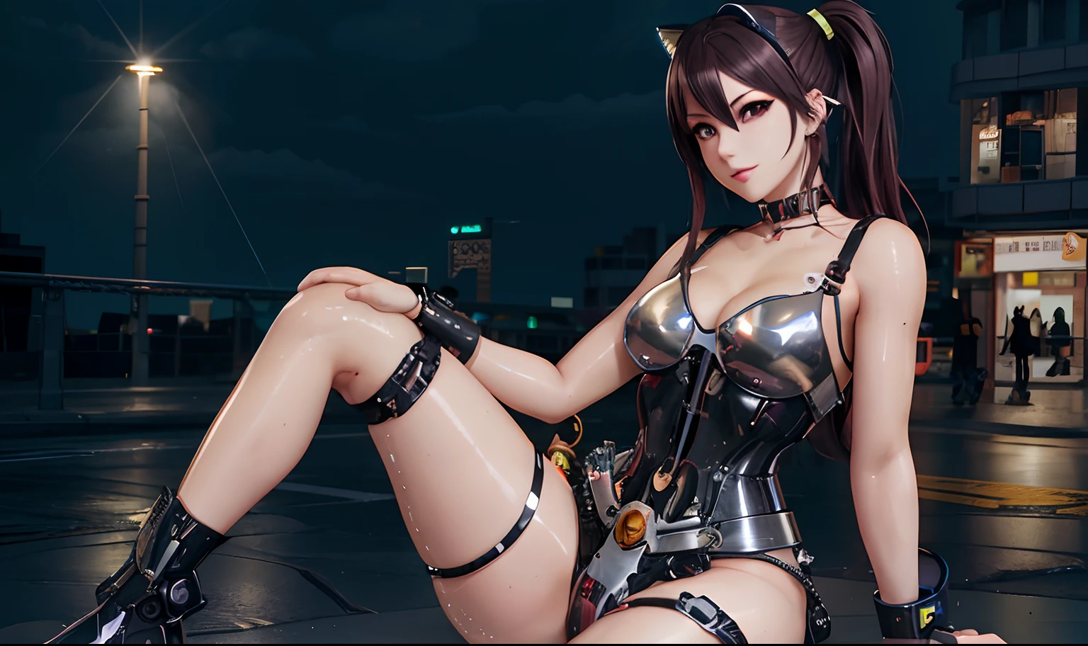 There is a woman in sexy clothes posing on the street, an oppai cyberpunk, Attractive cat girl, perfect anime cyborg woman, Biomechanical OPPAI, wlop glossy skin, senna from league of legends, Tifa Lockhart, trending on cgstation, female cyberpunk anime girl, seductive anime girls, Anime girl cosplay, trending at cgstation
