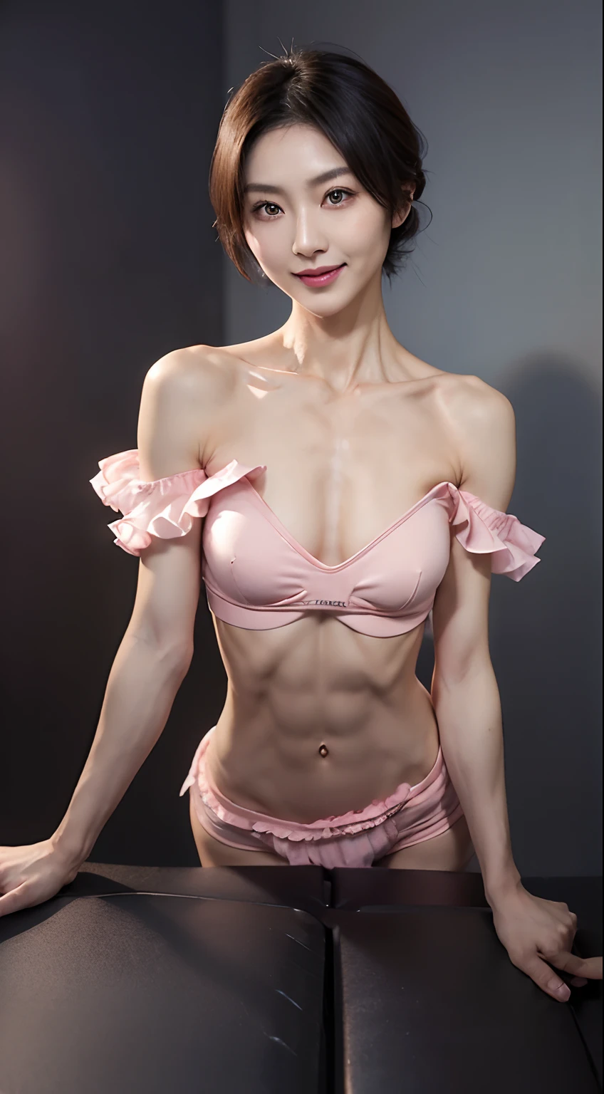 (a Japanese woman),(slender body:1.1),(broad-shouldered:2.1),(toned_shoulders:2.1),(toned_arms:2.1),(six_pack abs:1.9),(narrow_waist:2.1),small breasts,(big_eyes:1.3),slim_eyebrows, (heavy_eyeshadow:1.8),vivid_red_lipstick,(short_bob),(fair complexion:1.8), (a condescending expression:1.8),(laughing mockingly:1.8),(wearing a pink frilly bra),(wearing a pink frilly panty),staring at me