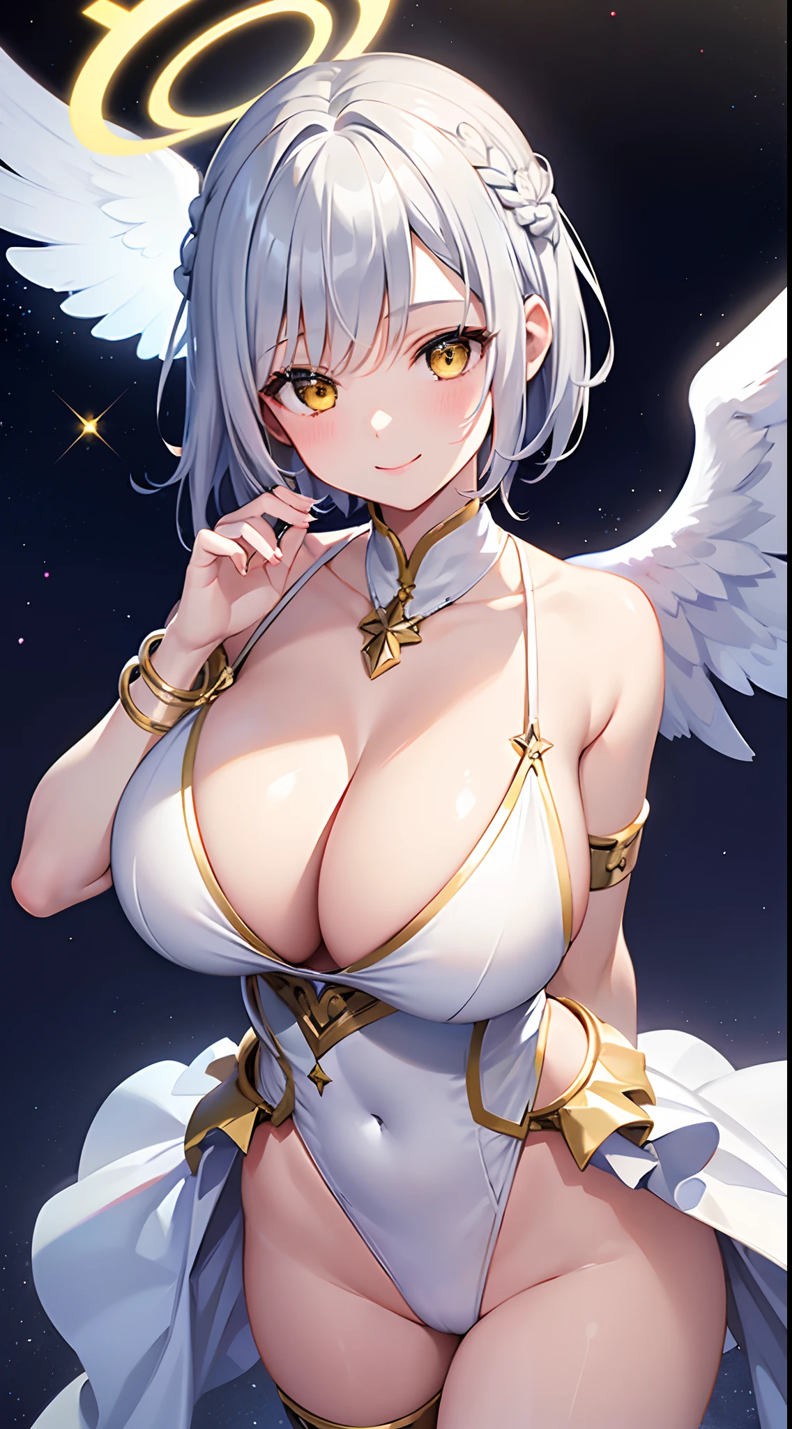 1 girl, game CG, 1 girl, game CG, white leotard, cleavage visible, angel halo, angel wings, bangles, gigantic breasts, silver hair, short hair, french braid, yellow eyes, stars, night, smile, dynamic,